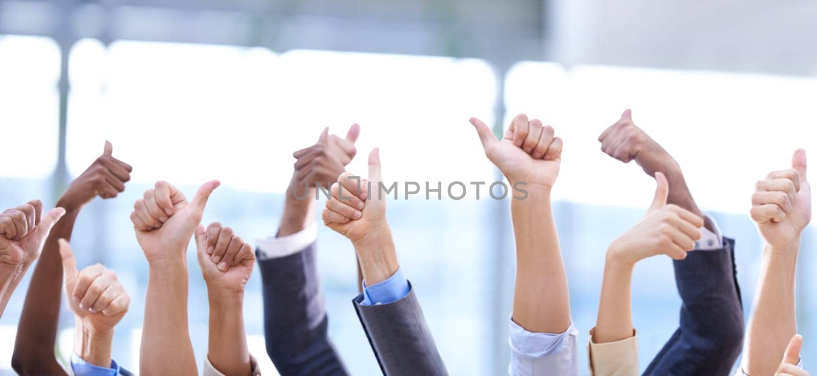 Group, hands and thumbs up for business, collaboration and success, goal or ok. People, like gesture and employees with emoji for agreement, team excellence and thank you for vote, review and support by YuriArcurs