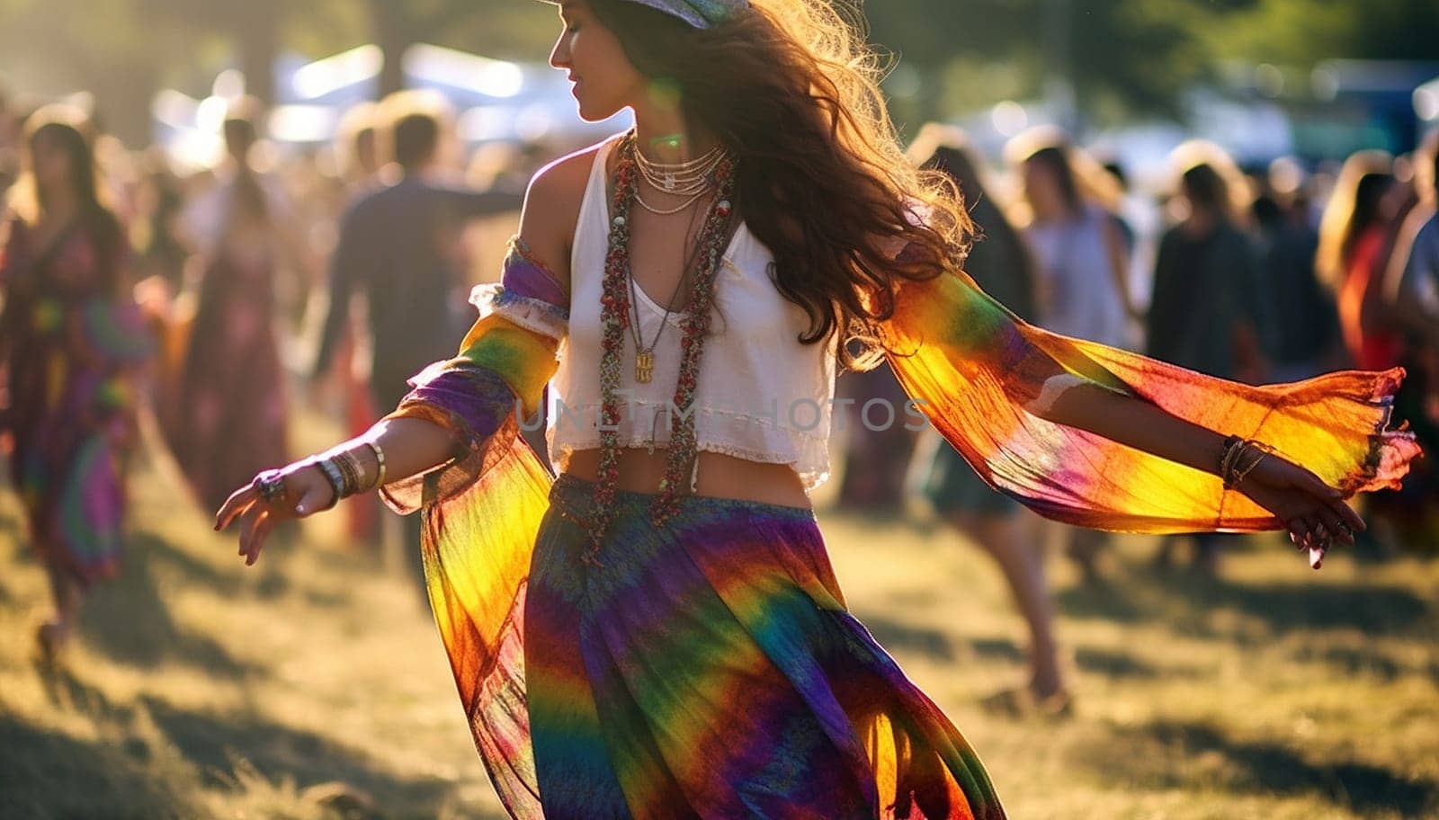 Happy young girl in bohemian outfits party away at a music festival or other hippie celebration. A young girl dances to the groove. summer vacation, boho concept Copy space having fun