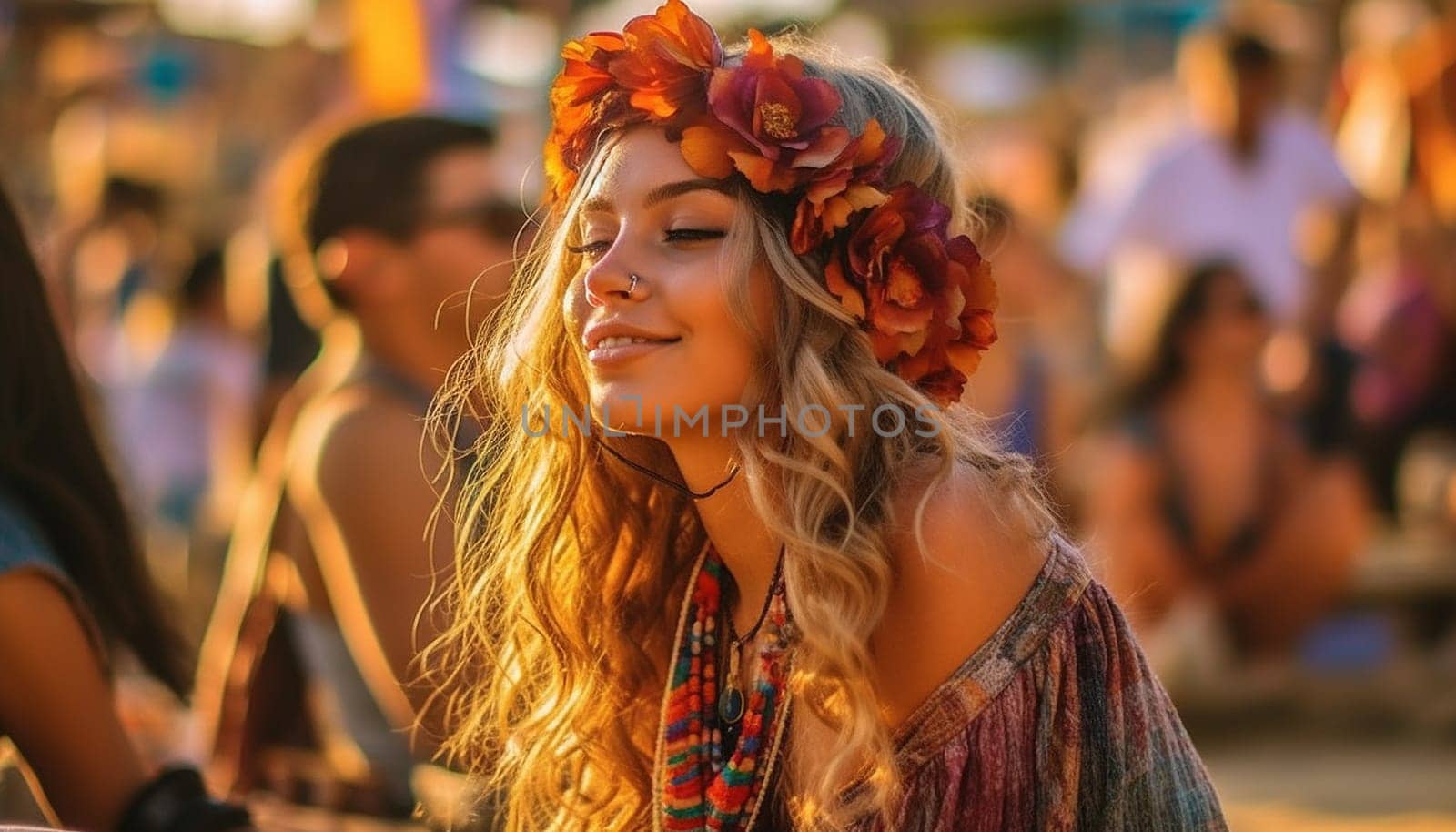 Happy young girl in bohemian outfits party away at a music festival or other hippie celebration. A young girl dances to the groove. summer vacation, boho concept Copy space by Annebel146