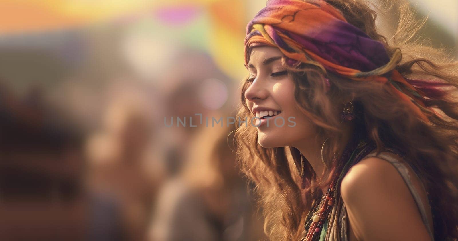Happy young girl in bohemian outfits party away at a music festival or other hippie celebration. A young girl dances to the groove. summer vacation, boho concept Copy space having fun