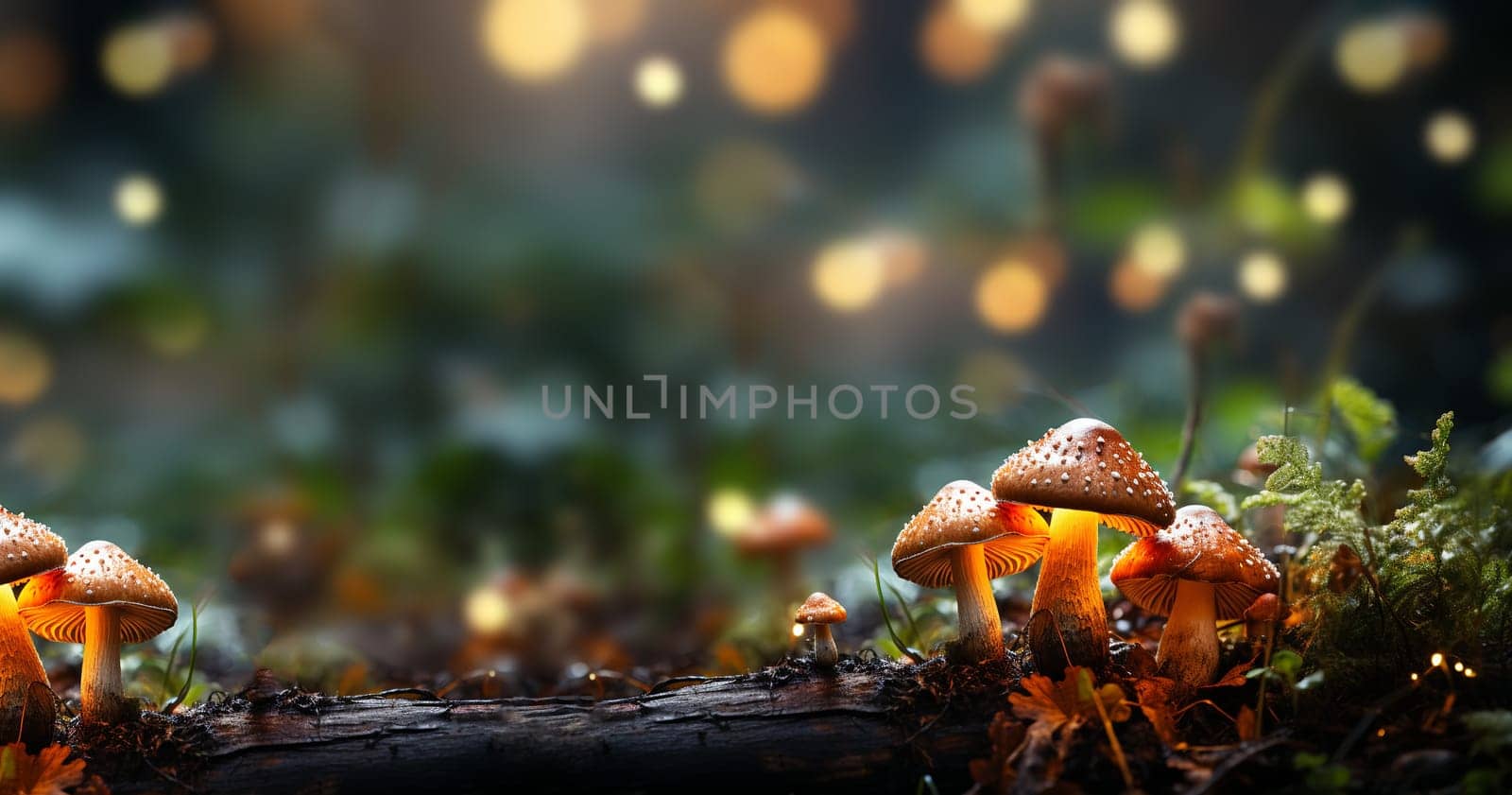 beautiful closeup of forest mushrooms in grass, autumn season. little fresh mushrooms, growing in Autumn Forest. mushrooms and leafs in forest. Mushroom picking concept. Magical colorful yellow fall background copy space