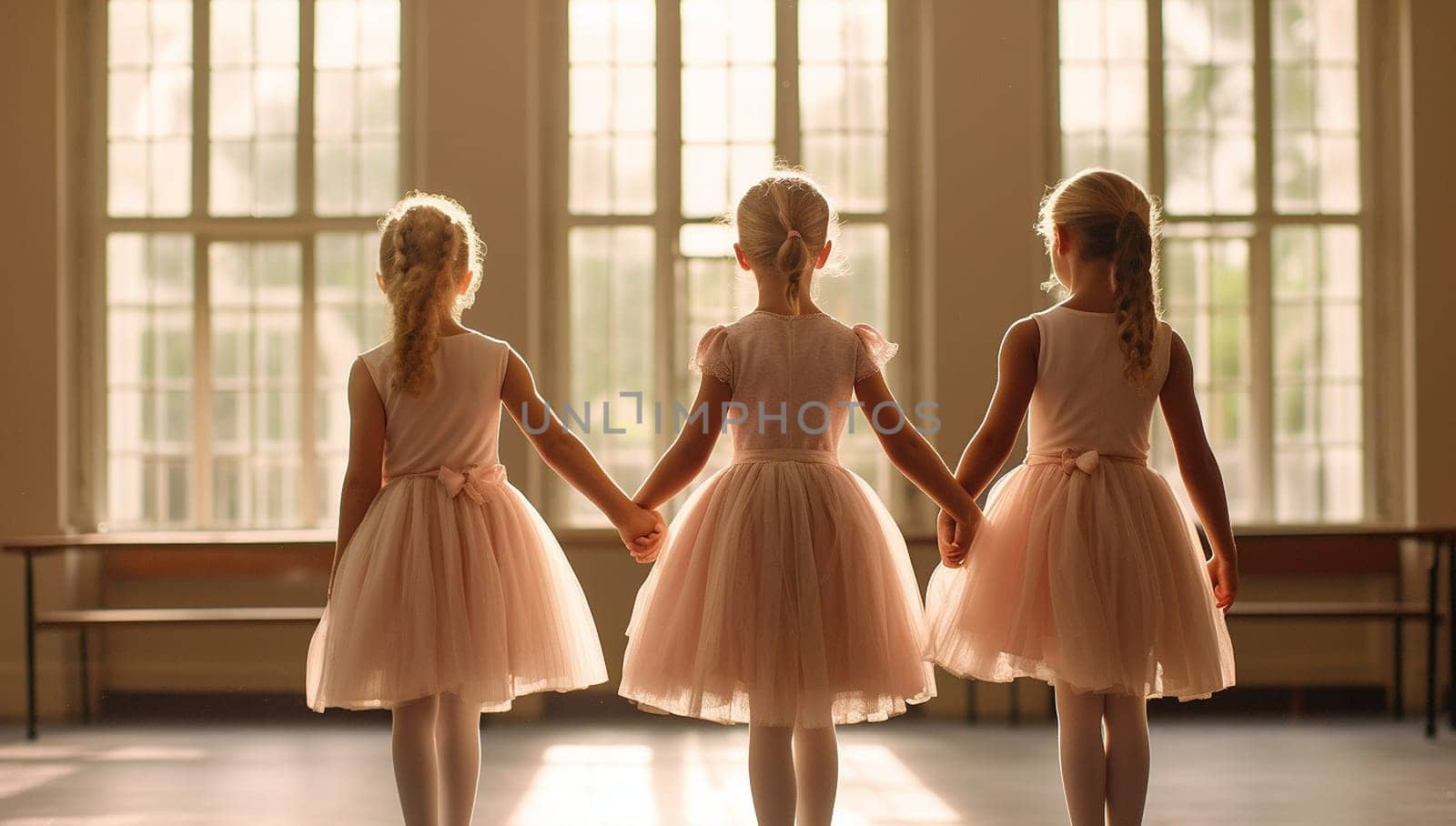 Cute ballerina little girls in pink tutu dance practice in the room, kid ballet concept. Adorable children dancing together classical ballet in studio by Annebel146