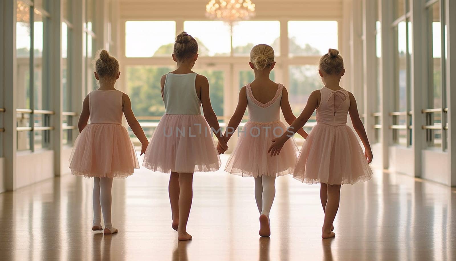 Cute ballerina little girls in pink tutu dance practice in the room, kid ballet concept. Adorable children dancing together classical ballet in studio by Annebel146