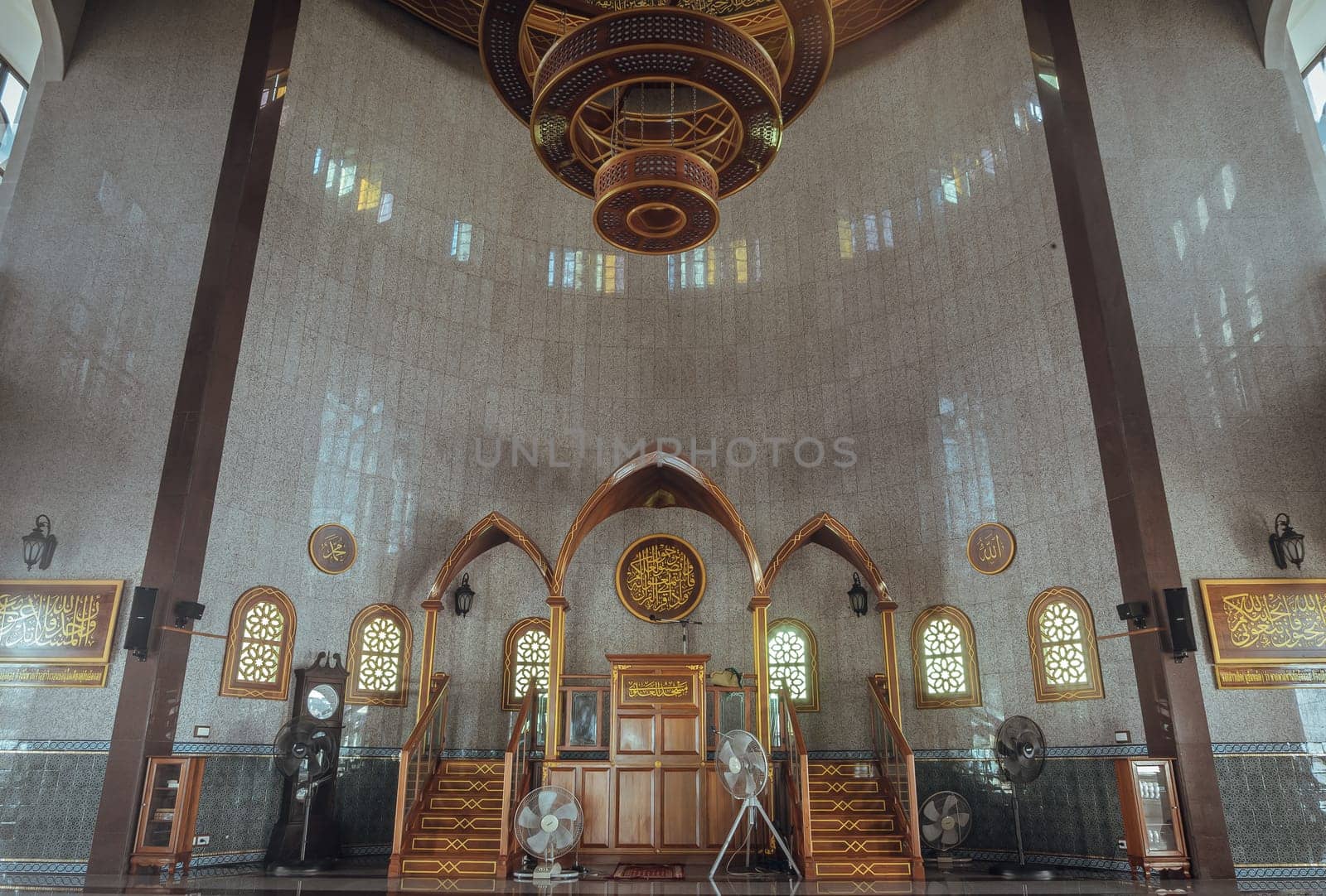 Bangkok, Thailand - June 23, 2023 - Beautiful architecture design inside of Al Alawi Mosque. Detail of Interior Building Built for Islamic Affairs are designed with elegant. Muslim mosque, Islamic art concept, Space for text, Selective focus.