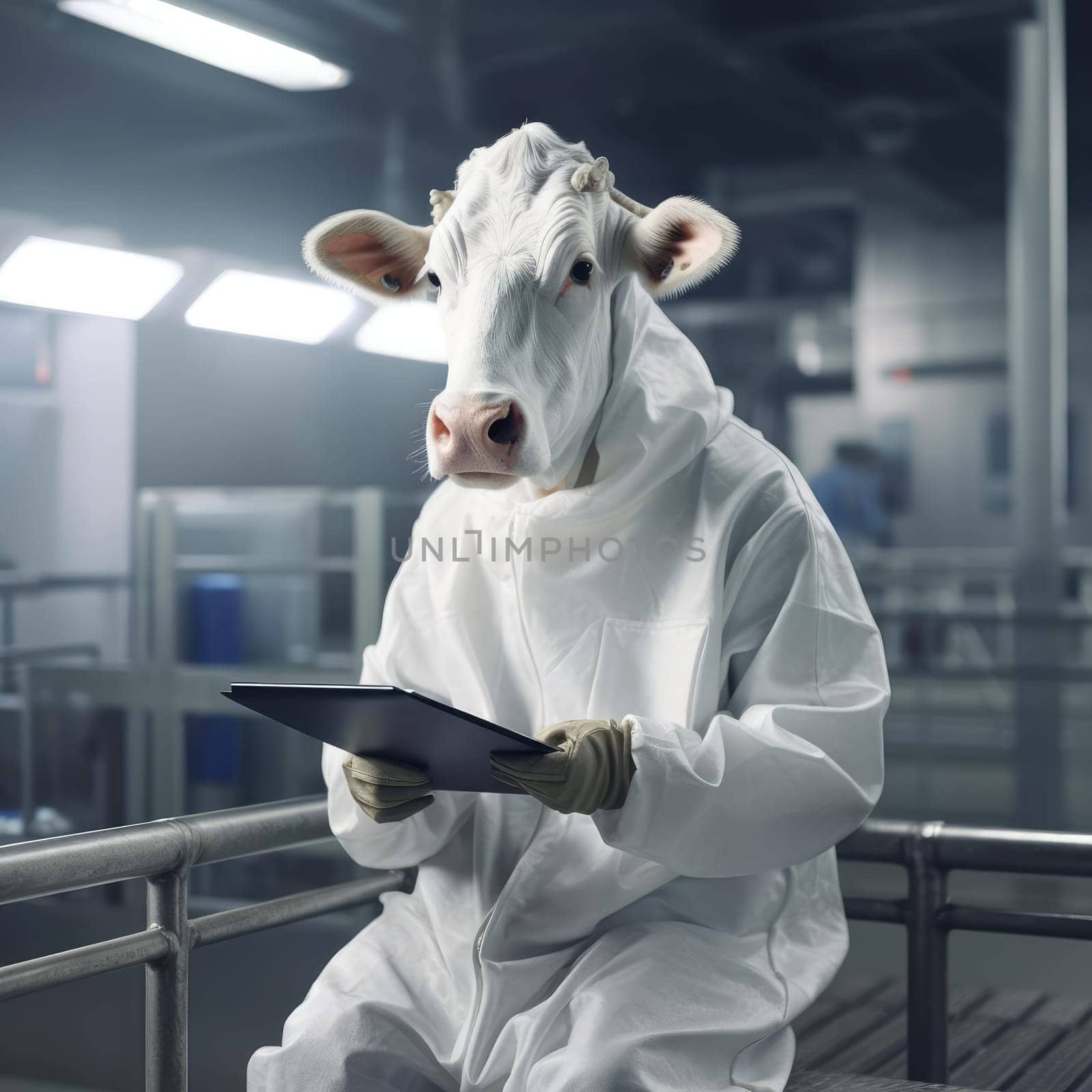 A cow in a white coat works on a modern dairy farm. Promotional poster for a milk producer