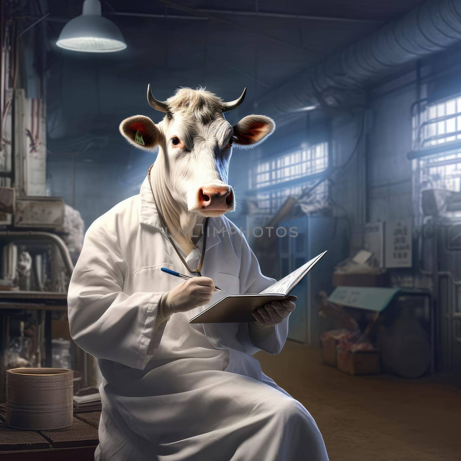 Cow in a white coat on a modern dairy farm by cherezoff