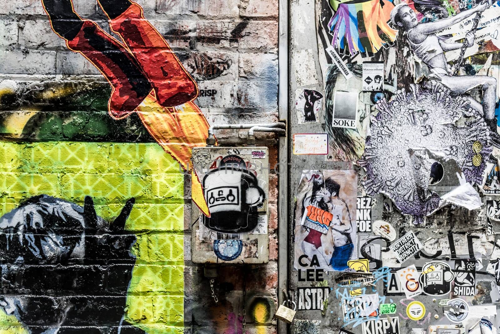 Melbourne, Australia - June 25, 2023 - Architectural details in Melbourne's AC/DC Lane on a cloudy overcast day in Melbourne, Victoria, Australia