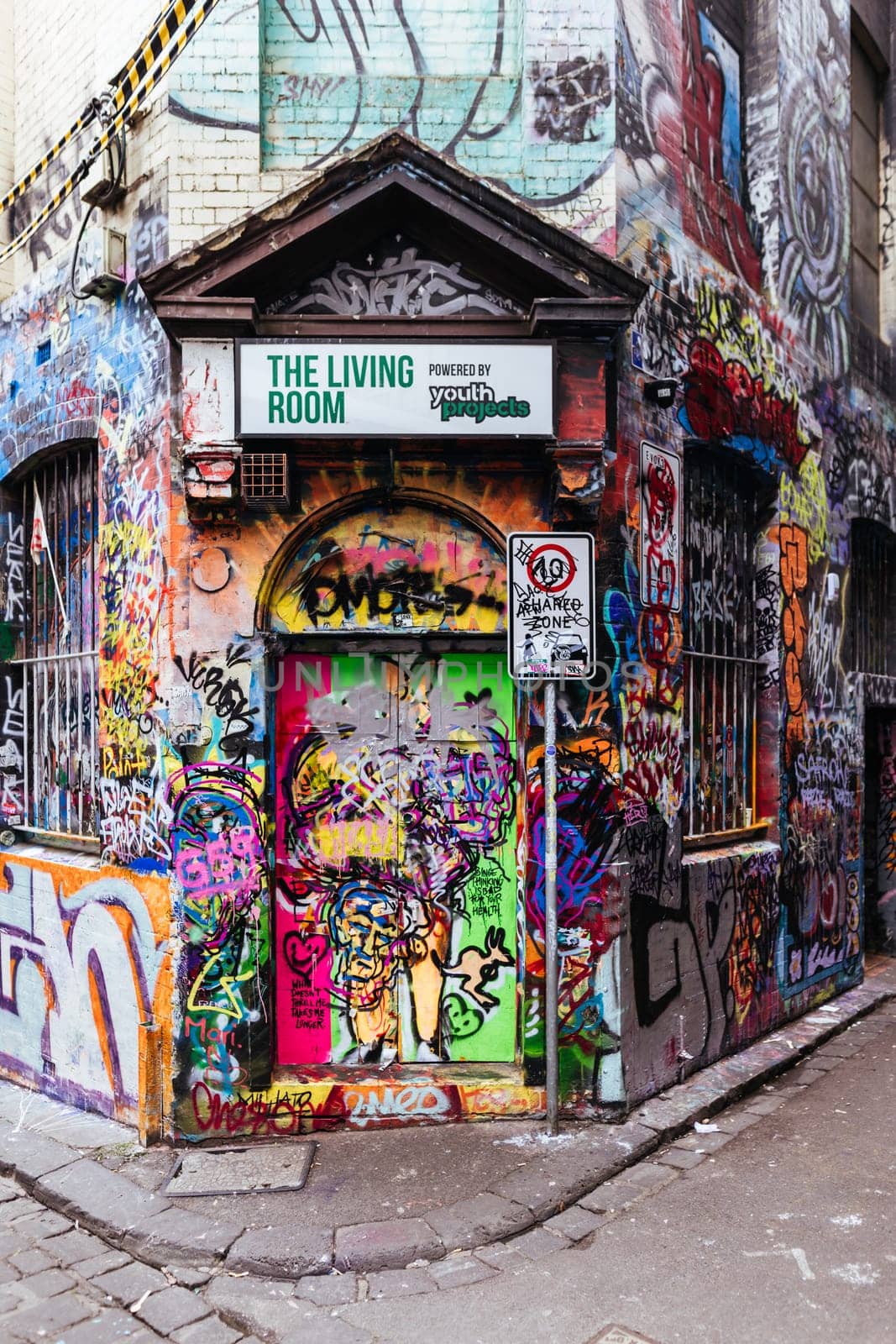 MELBOURNE, AUSTRALIA - June 25 2023: Melbourne's famous Hosier Lane featuring graffiti artwork and grunge urban feel