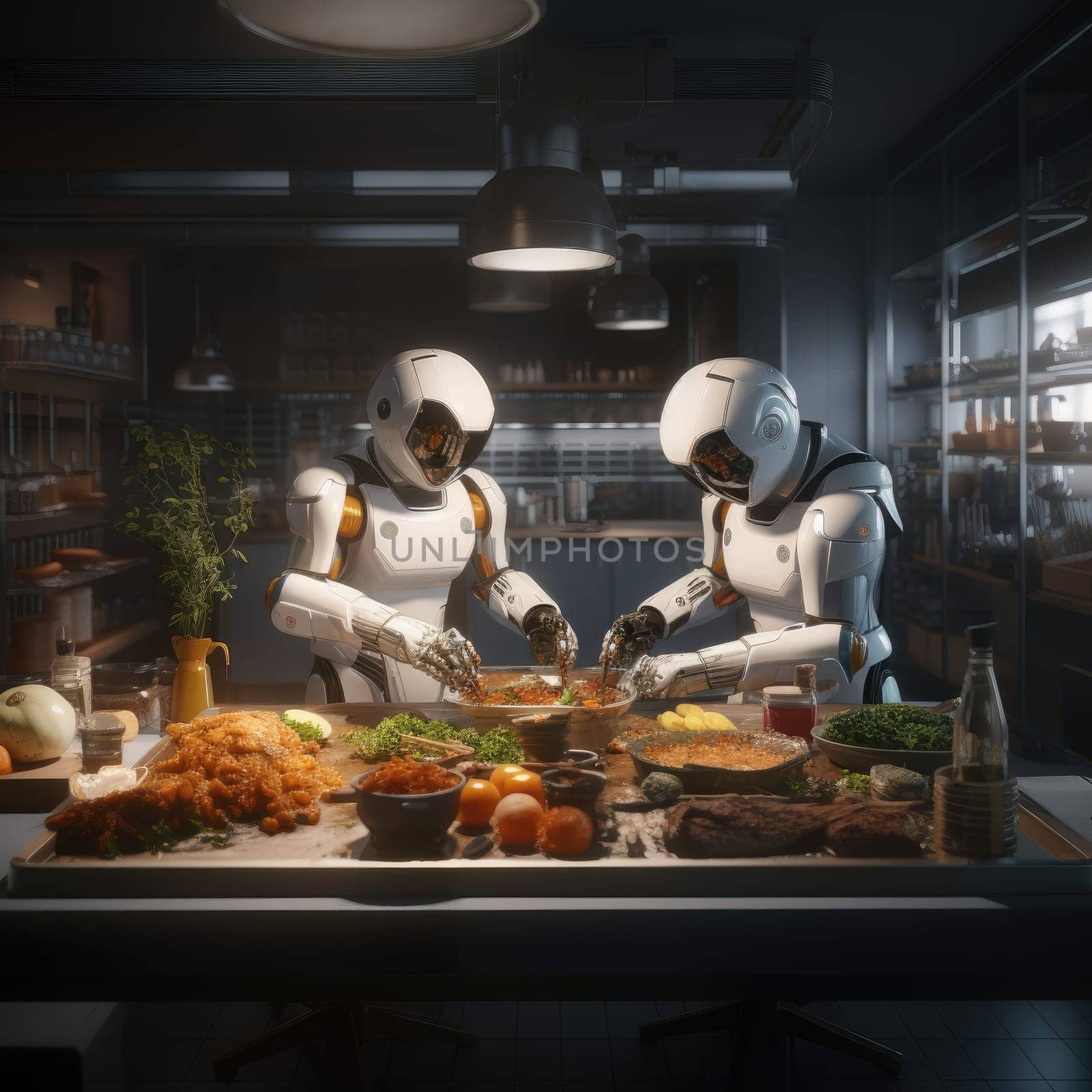 Two robots prepare food in the kitchen in a restaurant. The concept of new technologies in the kitchen