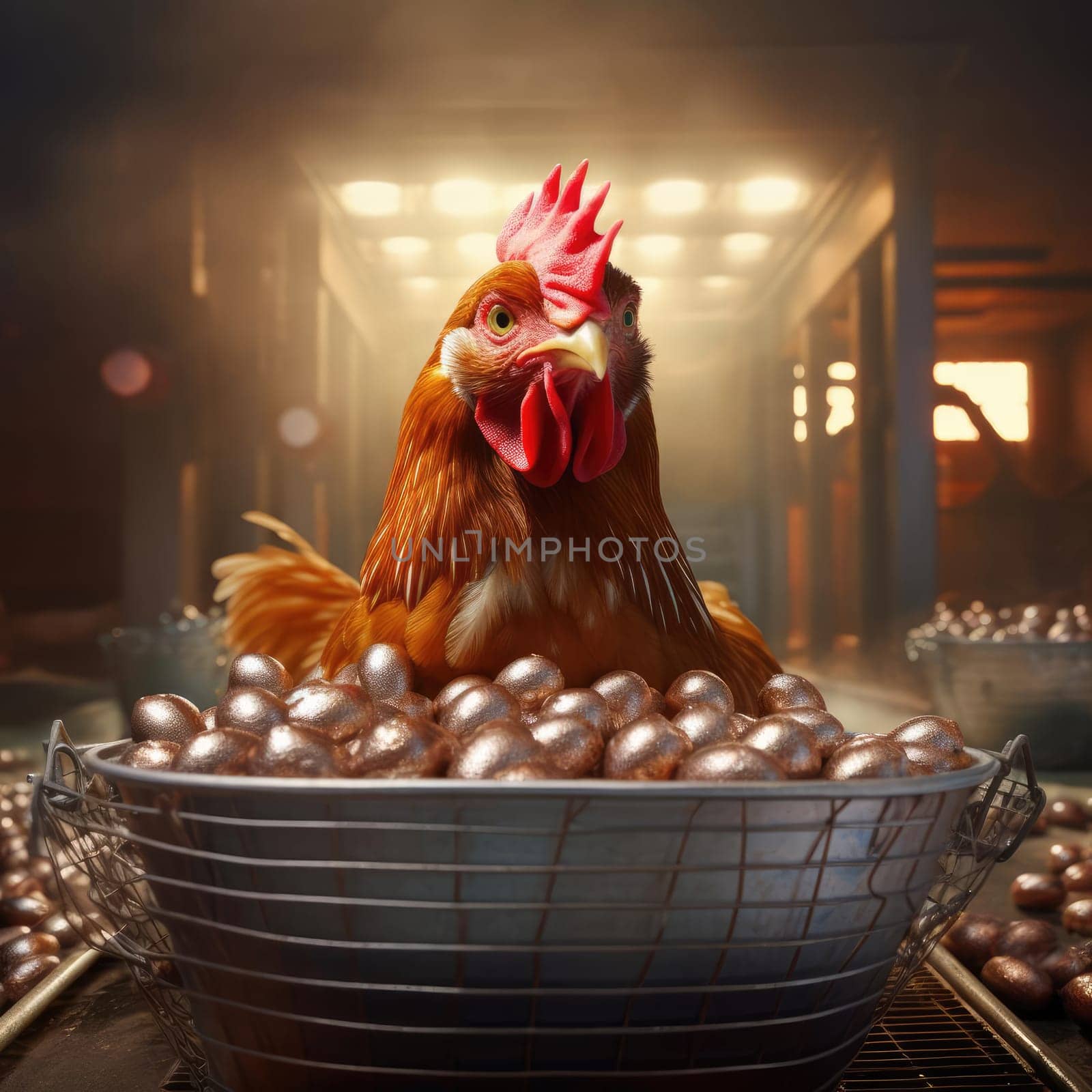 Chicken and a basket of eggs. Poster for advertising a chicken farm