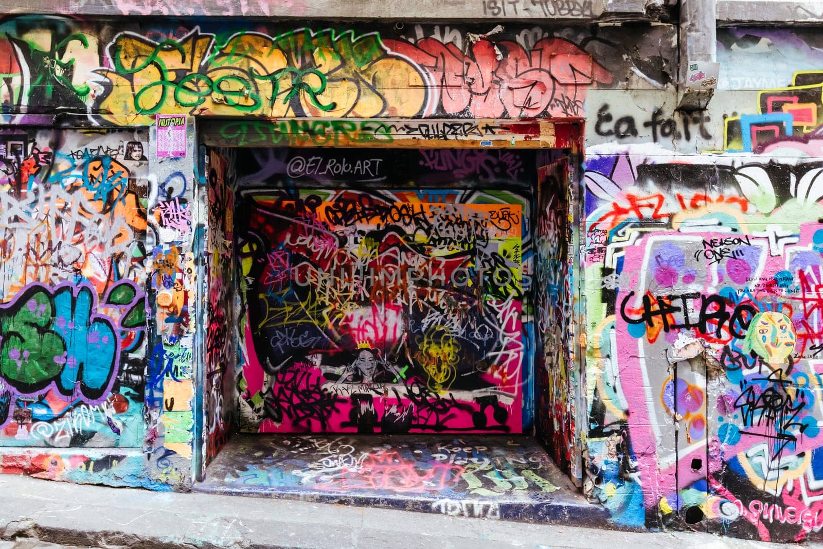 MELBOURNE, AUSTRALIA - June 25 2023: Melbourne's famous Hosier Lane featuring graffiti artwork and grunge urban feel