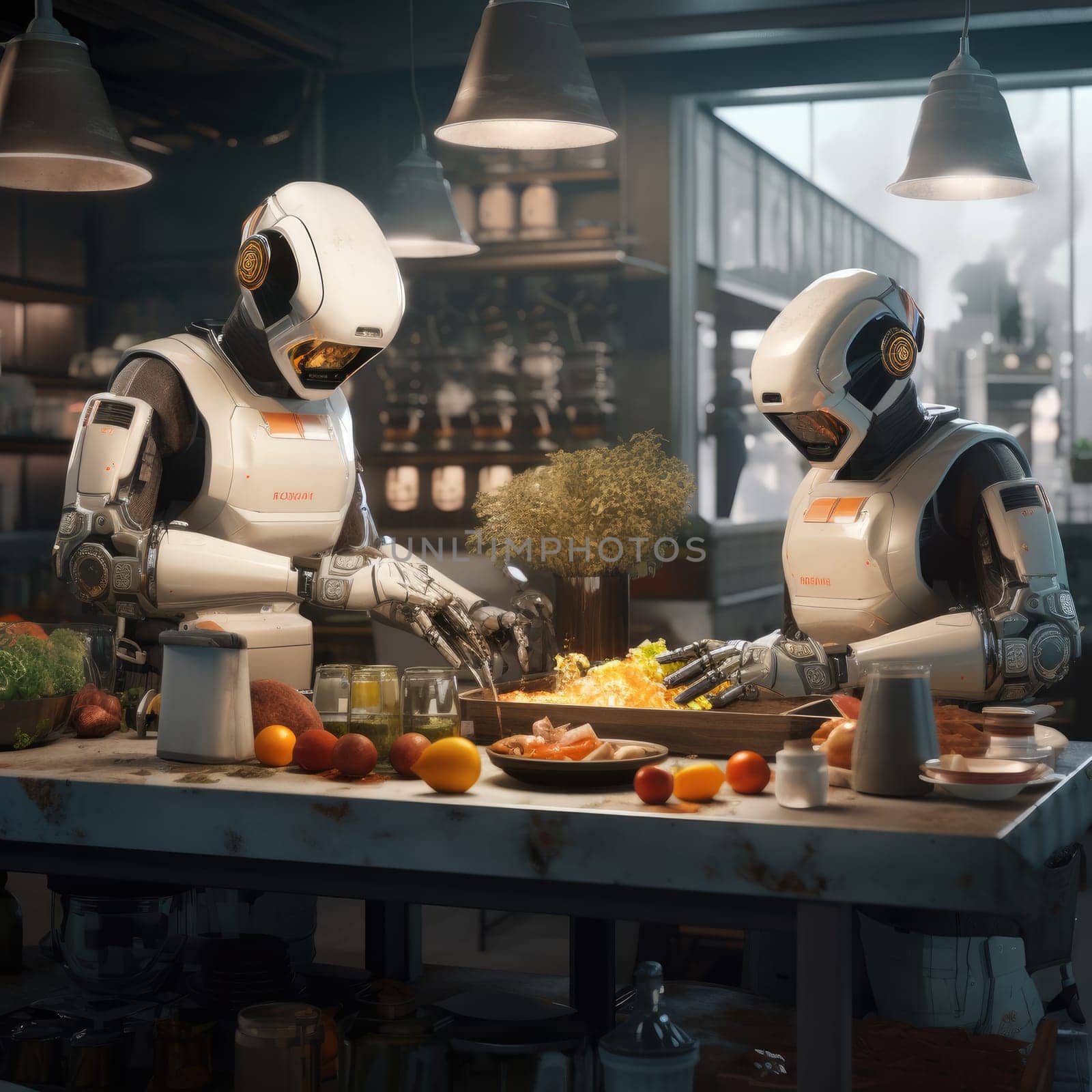 Two robots prepare food in the kitchen in a restaurant. The concept of new technologies in the kitchen