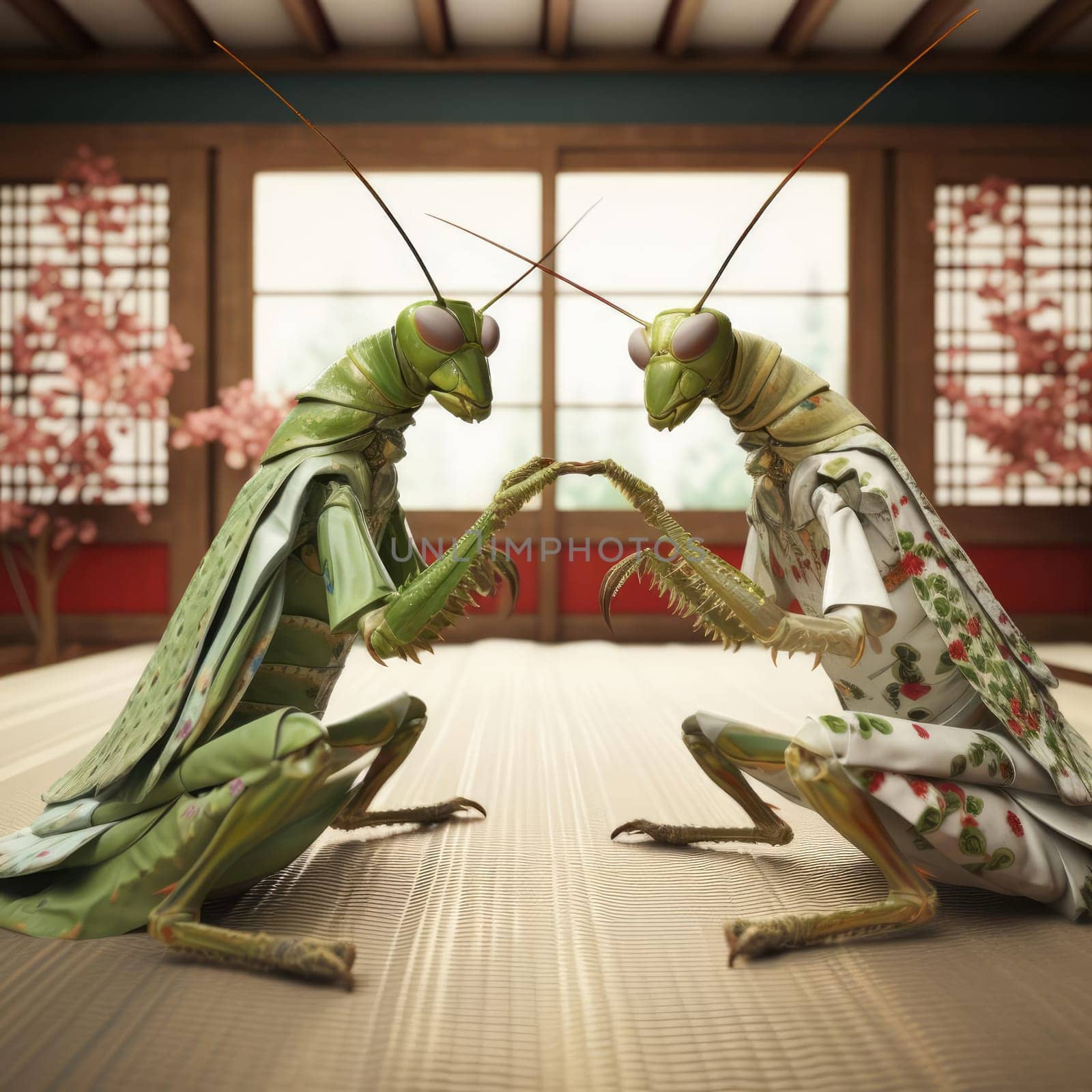 Two praying mantis fight on the tatami. Advertising of the martial arts school