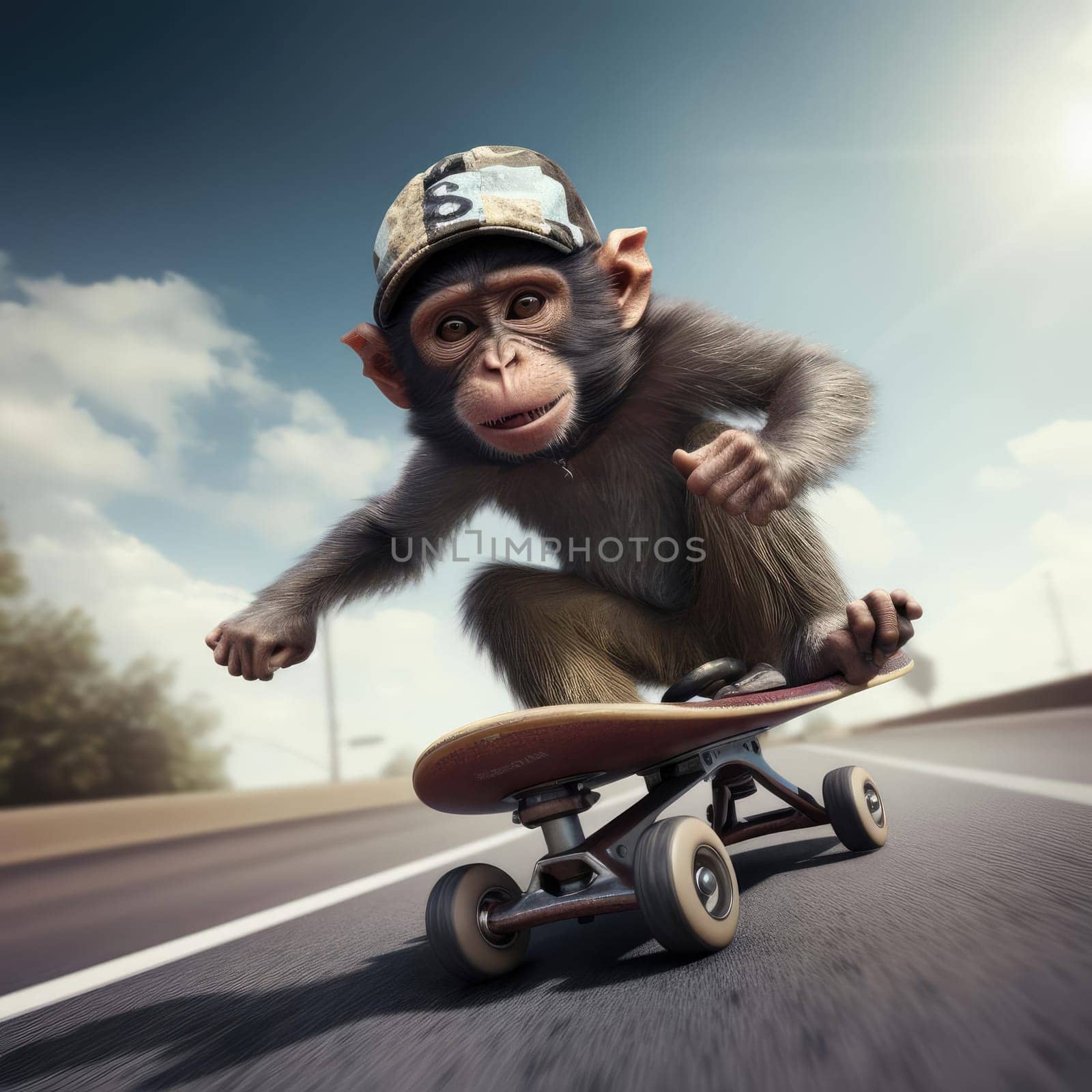 A monkey rides a skateboard through the city. Youth culture