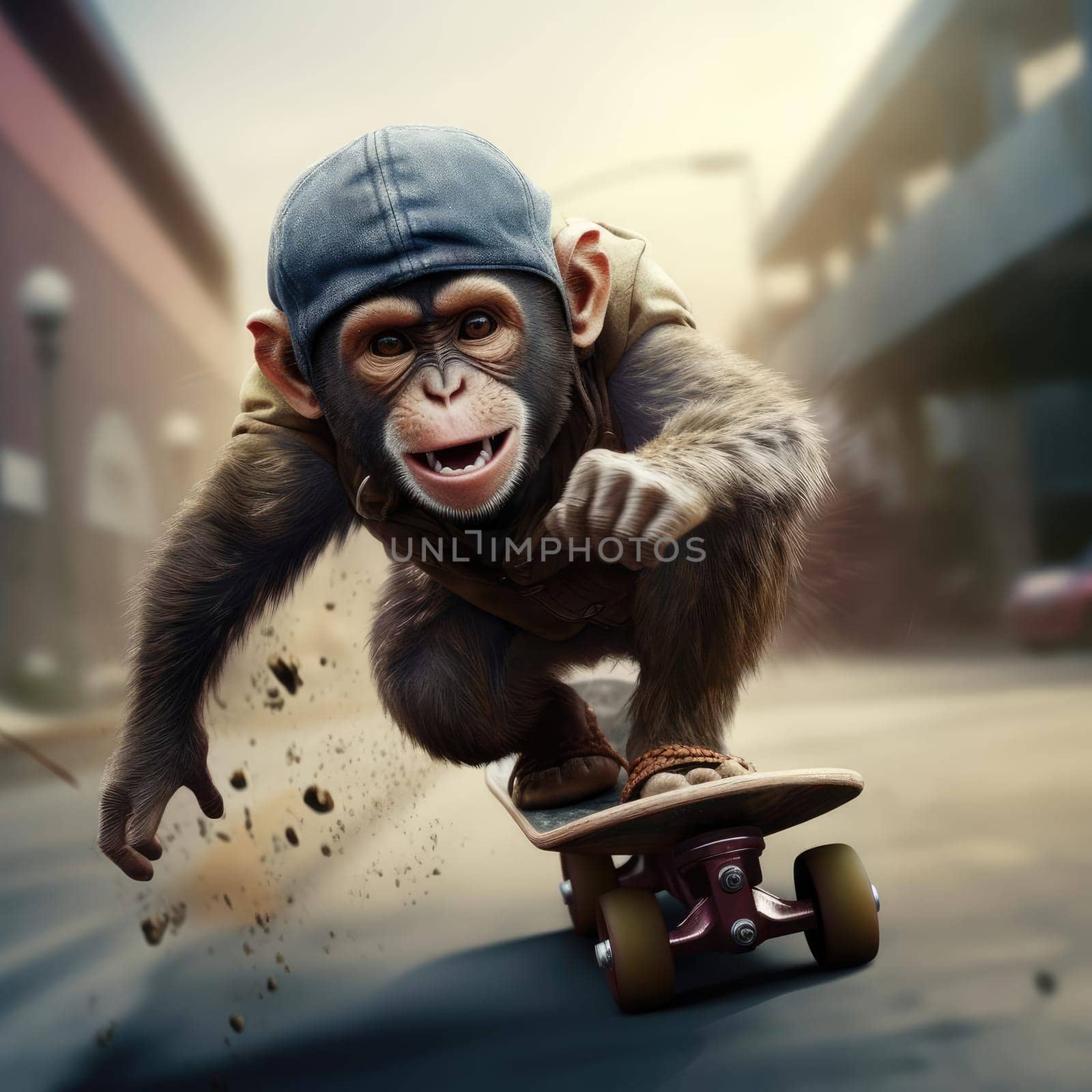 A monkey rides a skateboard through the city. Youth culture