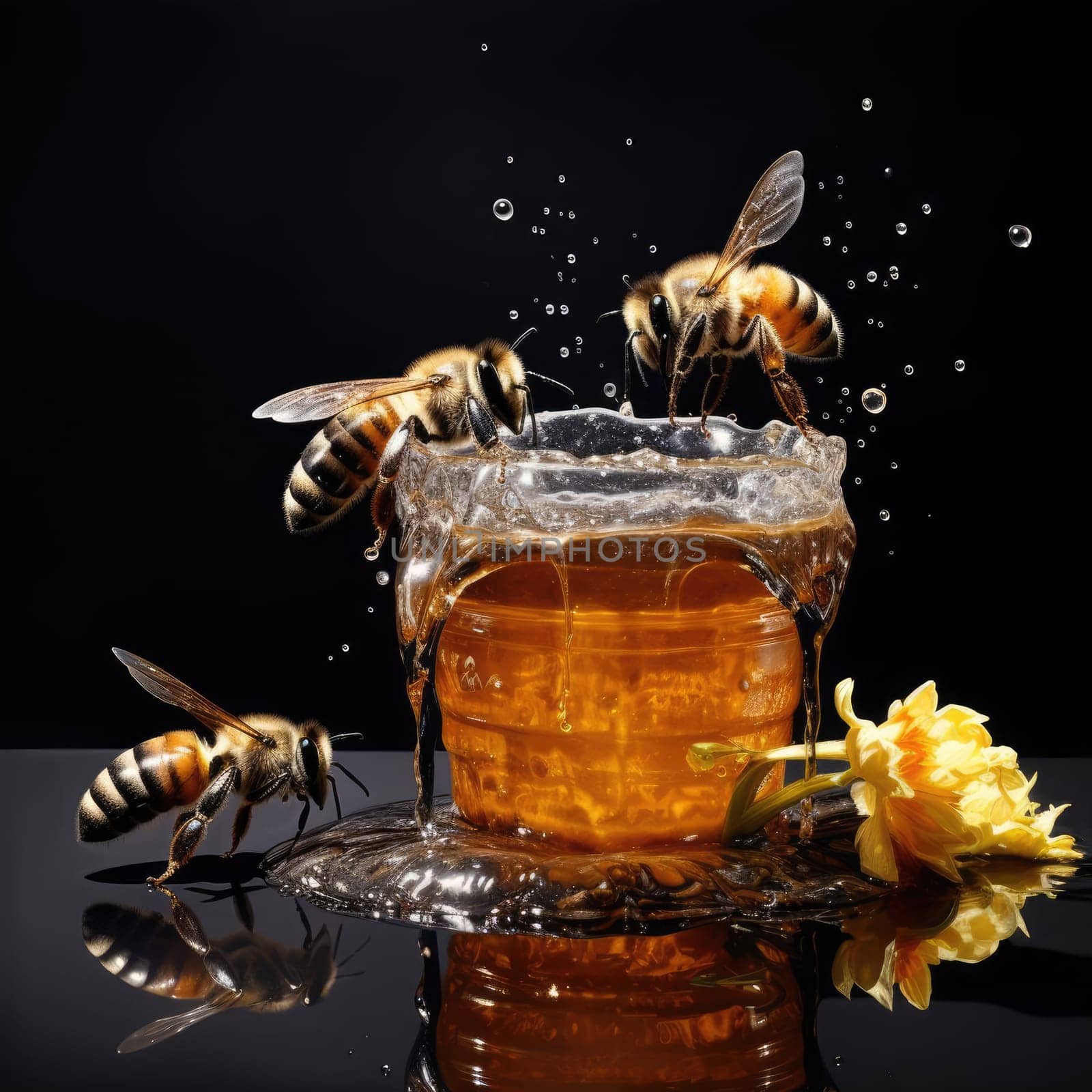 Bees and a bucket of honey. Poster for honey advertising