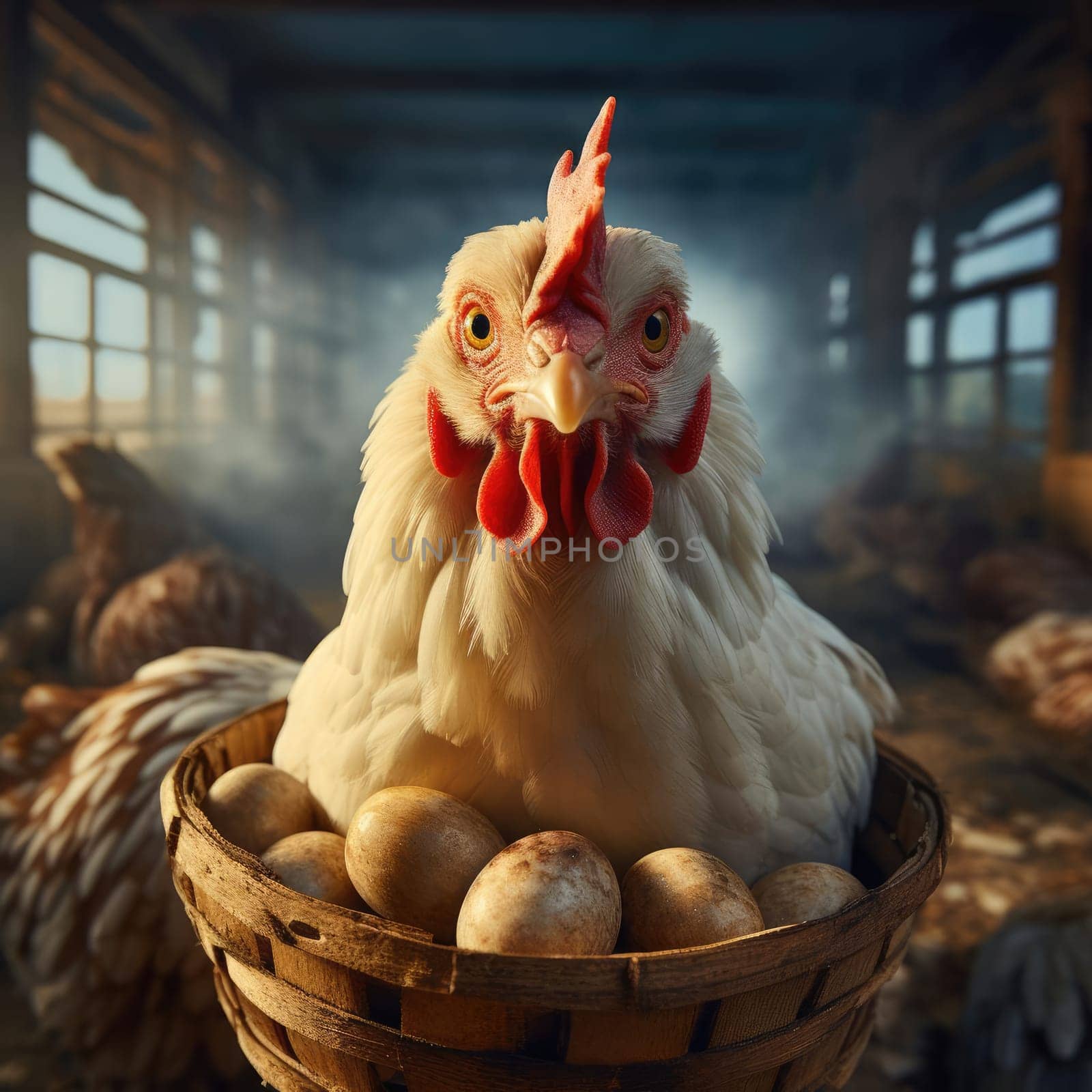 Chicken and a basket of eggs. Poster for advertising a chicken farm