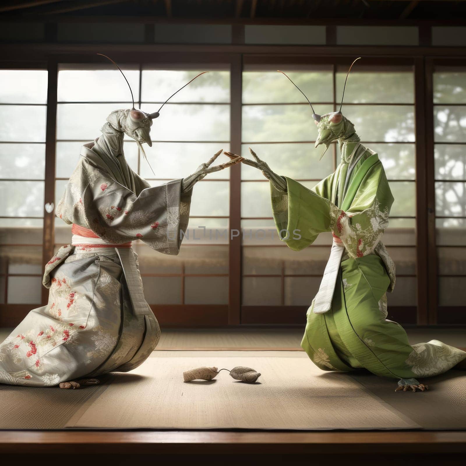 Two praying mantis fighting on the tatami mat by cherezoff