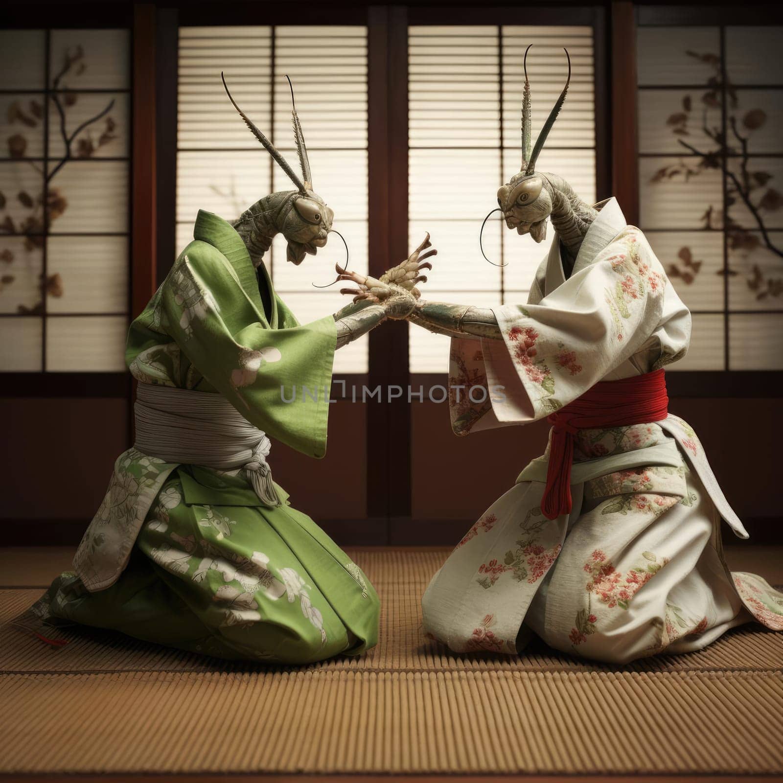 Two praying mantis fighting on the tatami mat by cherezoff