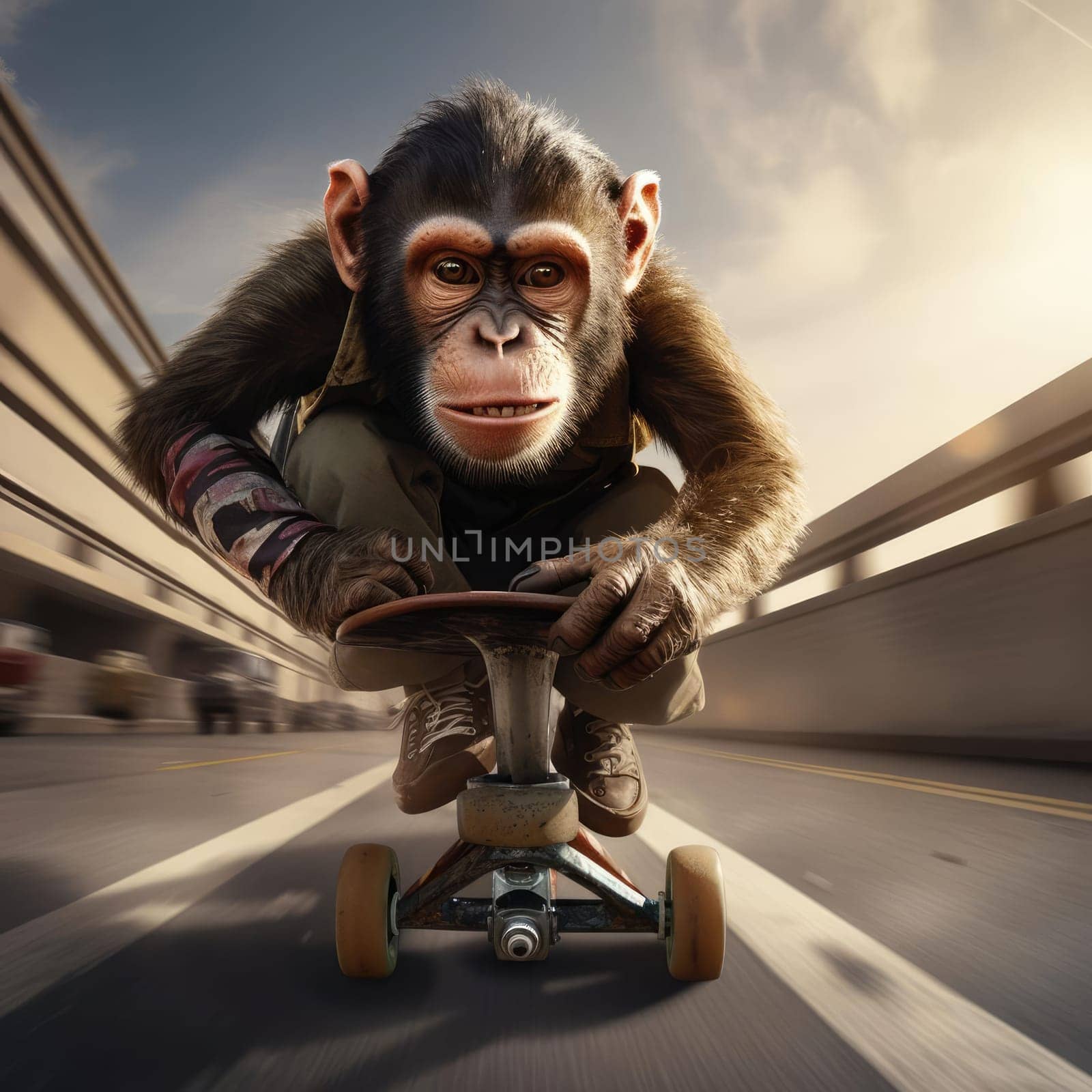 A monkey rides a skateboard through the city. Youth culture