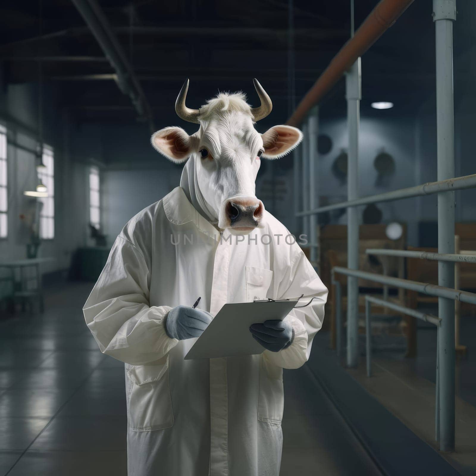 A cow in a white coat works on a modern dairy farm. Promotional poster for a milk producer