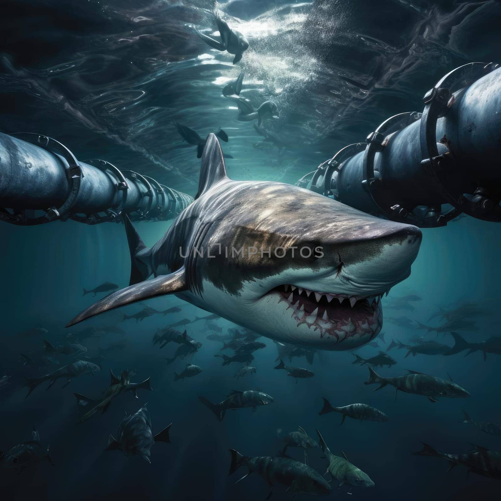 Shark swims between metal pipelines