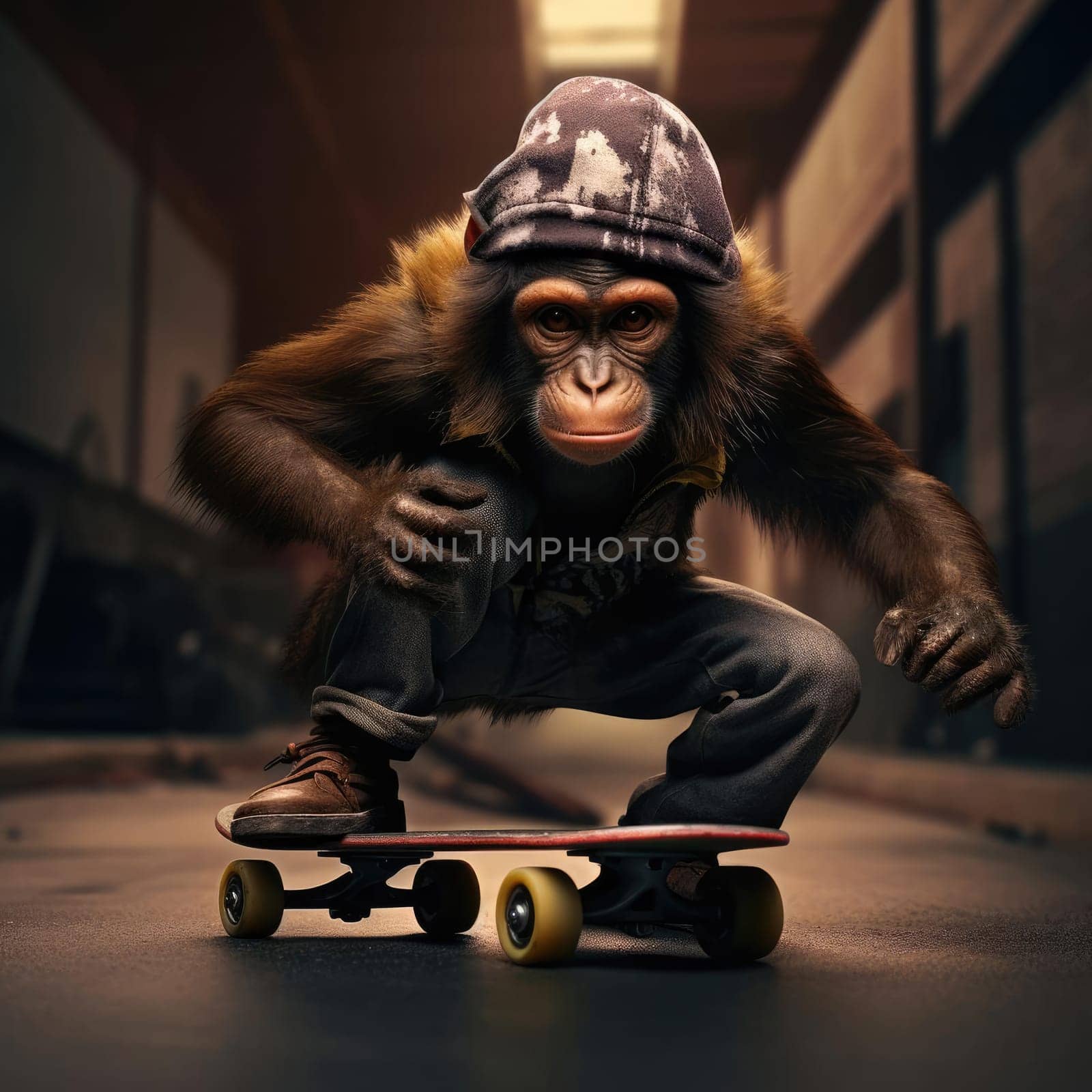 A monkey rides a skateboard through the city. Youth culture