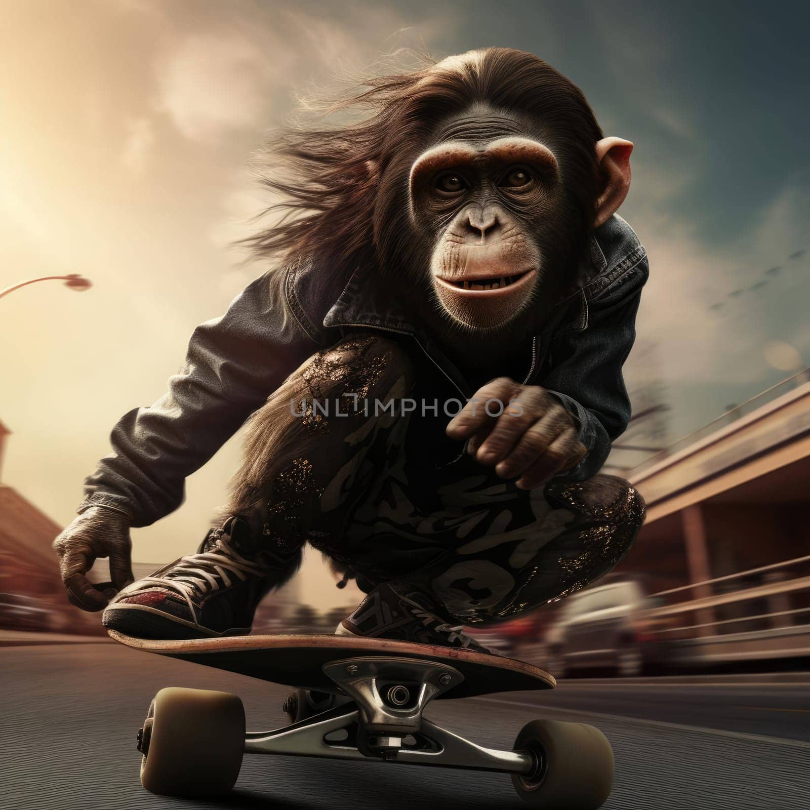 A monkey rides a skateboard through the city. Youth culture