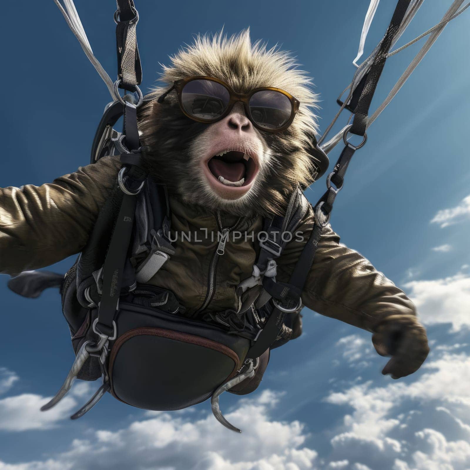 Monkey flying by parachute by cherezoff