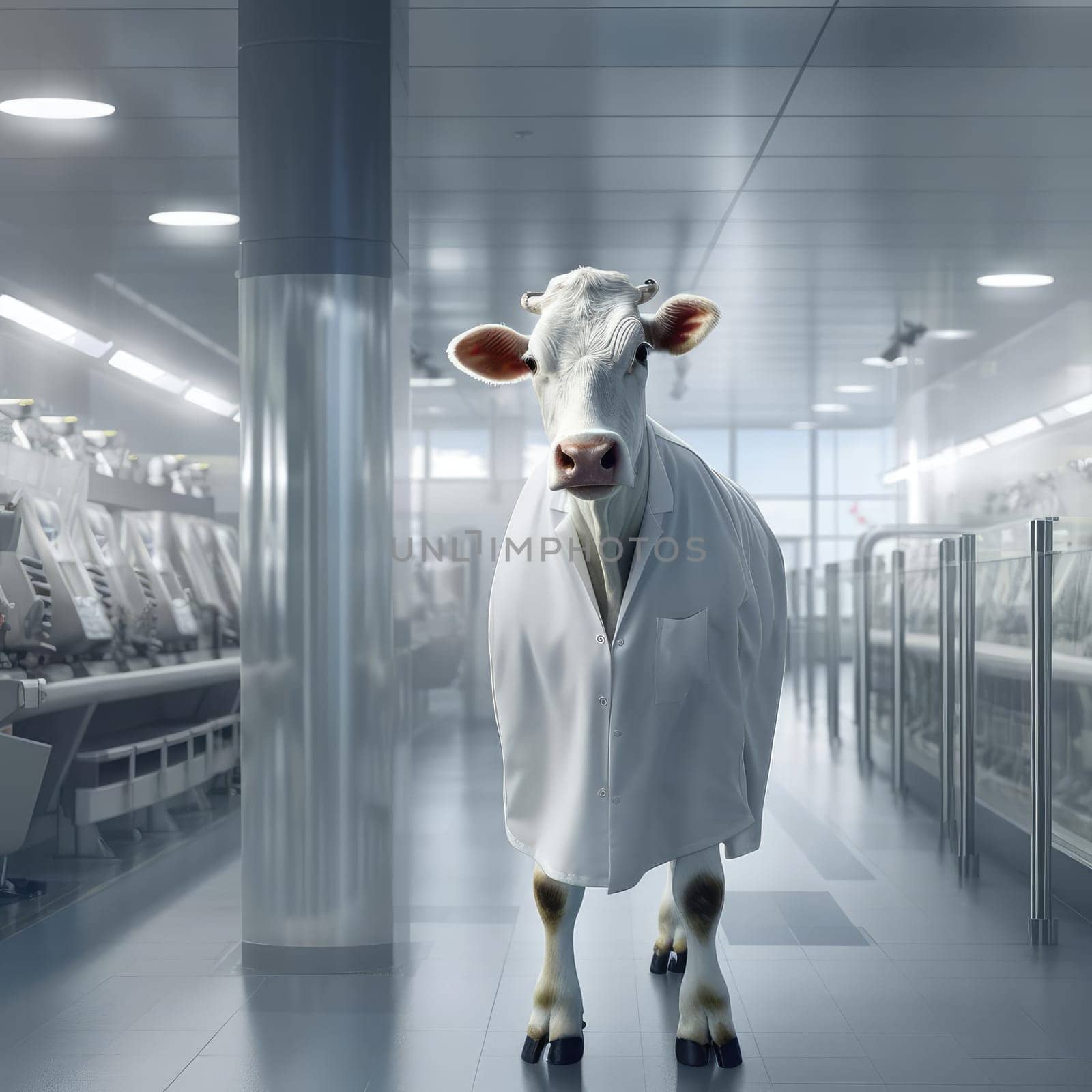 A cow in a white coat works on a modern dairy farm. Promotional poster for a milk producer