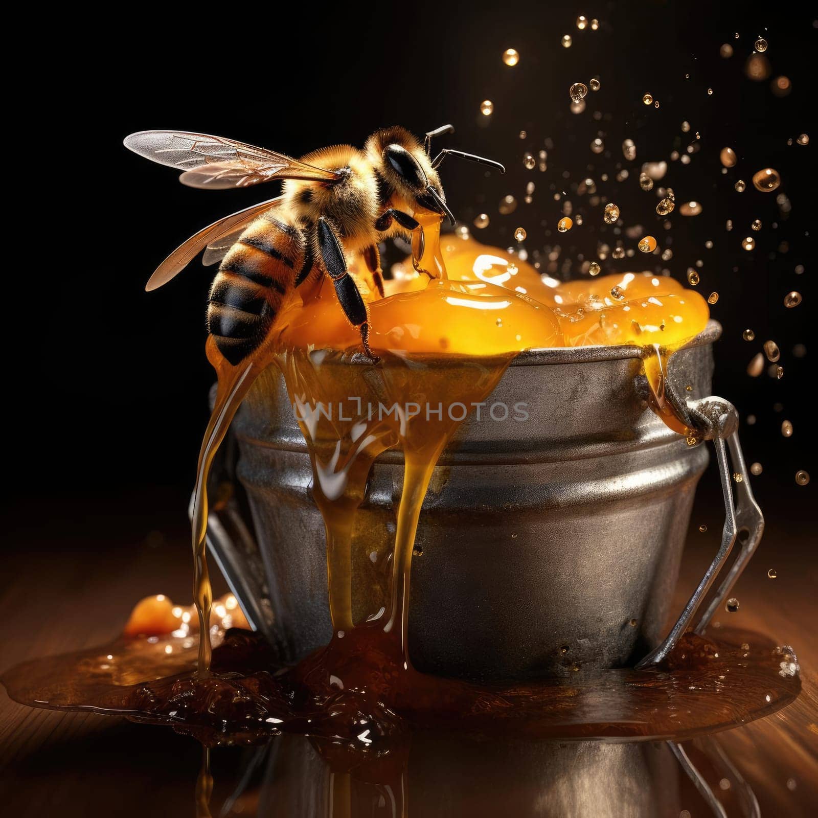 Bees and a bucket of honey. Poster for honey advertising