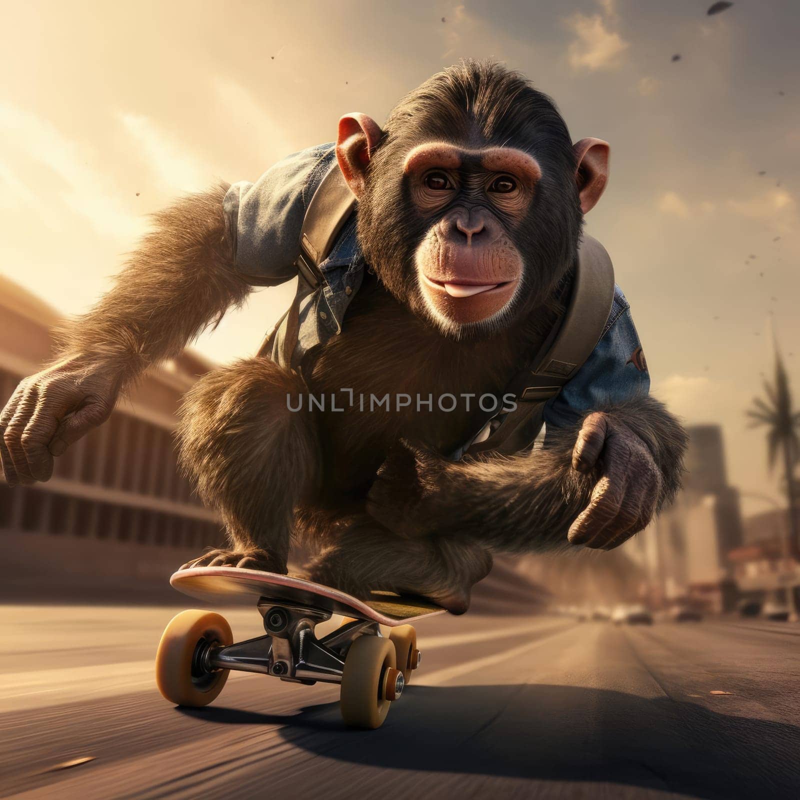 A monkey rides a skateboard through the city. Youth culture