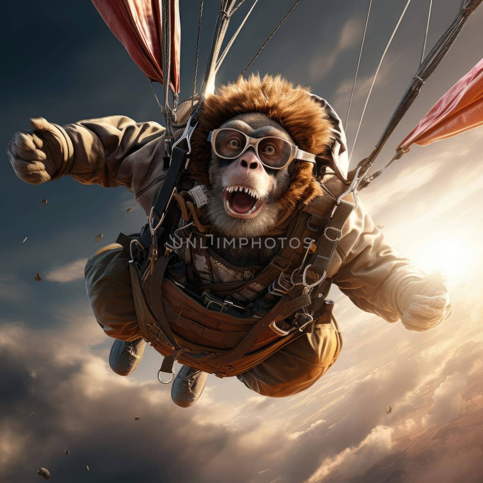 Monkey flying by parachute by cherezoff