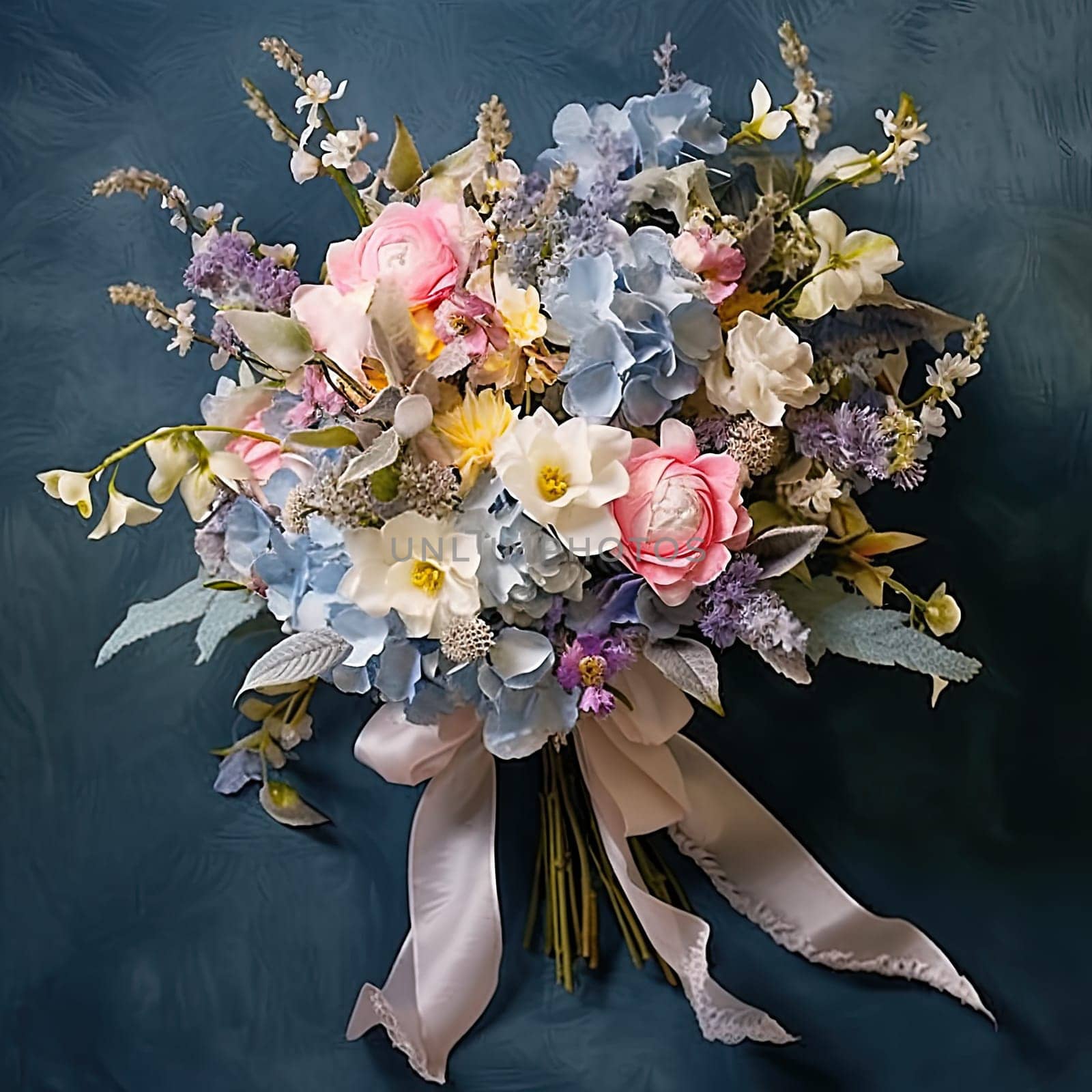 Closeup photo of whimsical loose modern bridal bouquet with real flowers and silk butterflies with a rustic silk ribbon. Generative AI by Ostanina