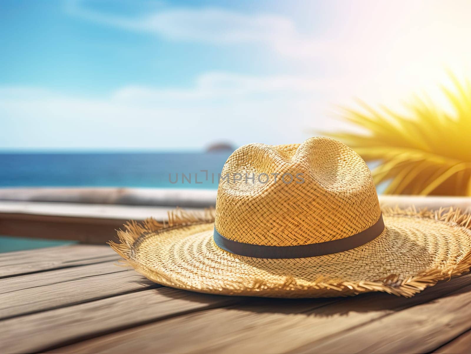 Straw sombrero hat lying on sunlit wooden deck with sea in the background. Generative AI.