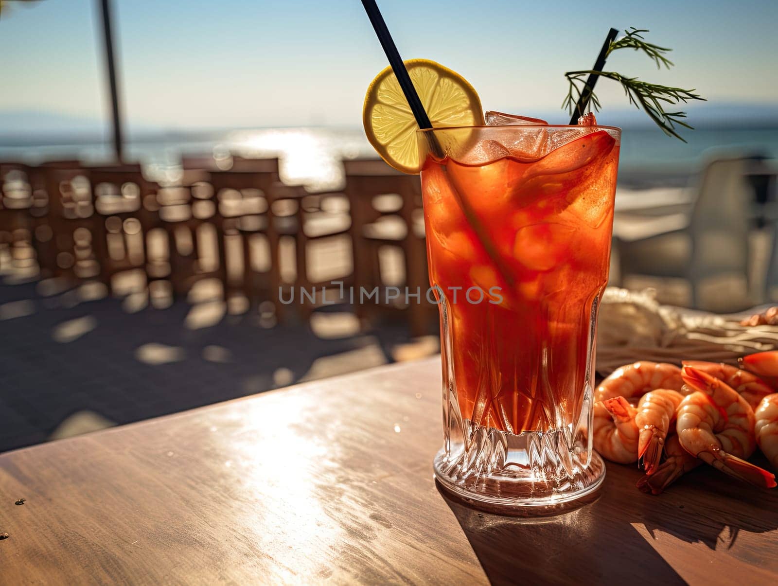 Michelagua tasty non-alcoholic cocktail drink with shrimps staying on bar deck with seashore view in the background. Generative AI by Ostanina