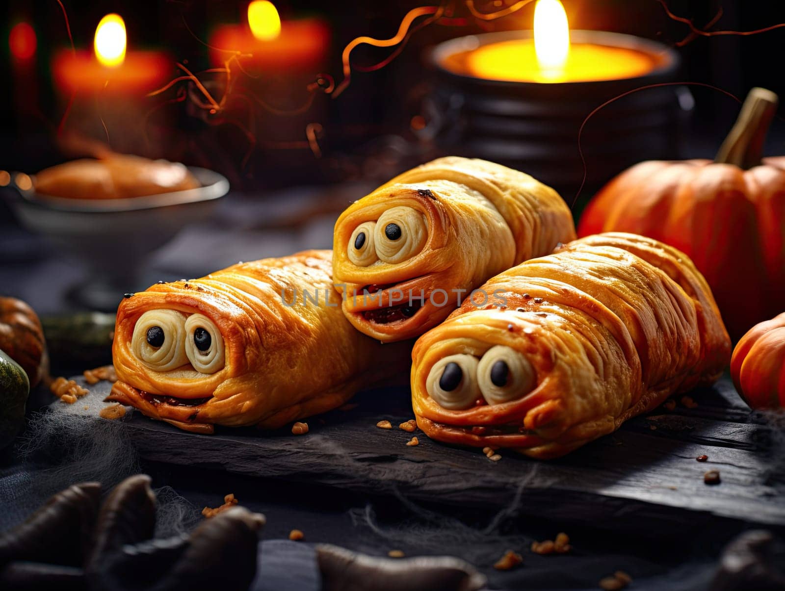 Halloween mummy like sausage rolls with decorative cartoon eyes and orange pumpkin in the background. Mummy styled sausages halloween party food wrapped in dough. Generative AI.