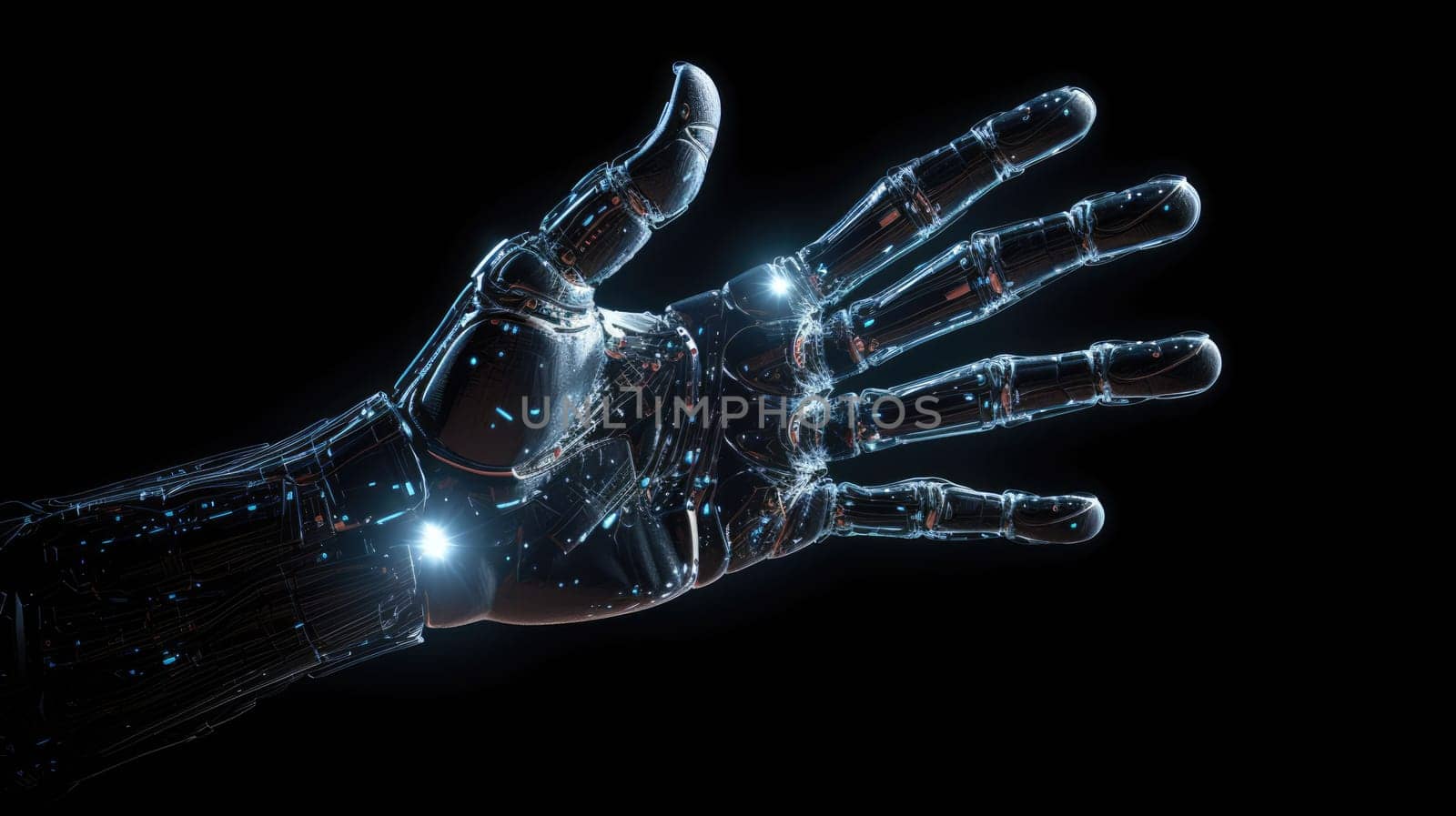 The hand of the robot of the future on a dark background. The concept of new technologies