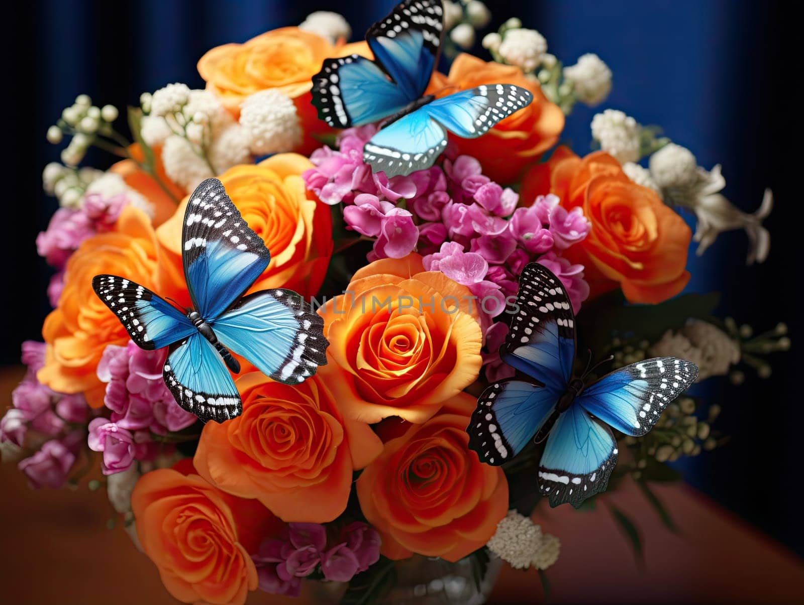 Closeup photo of whimsical loose bouquet with real flowers and silk butterflies. Generative AI.