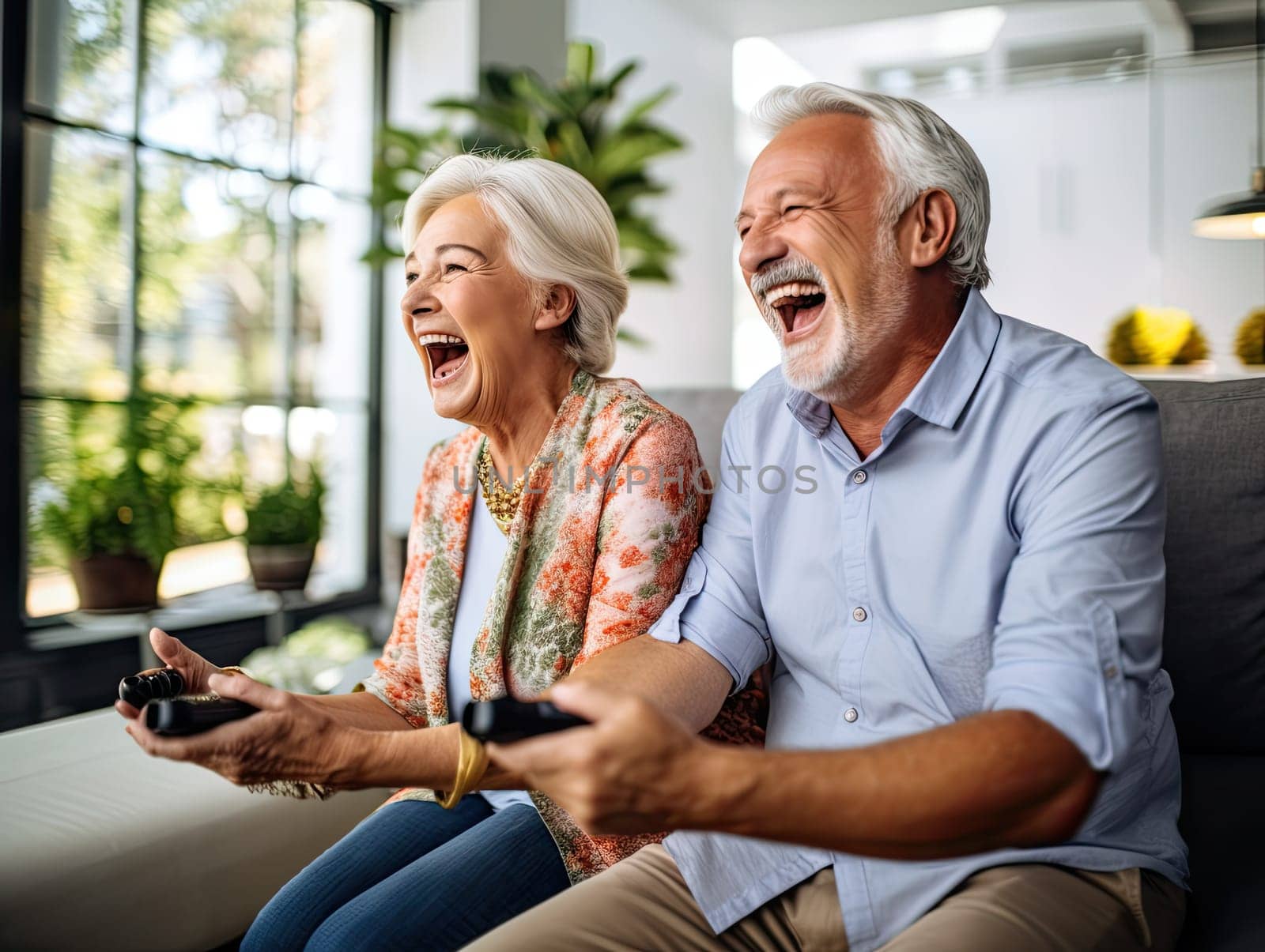 Cute retired gray haired senior gamers couple in vibrant clothes laughing and playing video game at the birthday party. Generative AI.