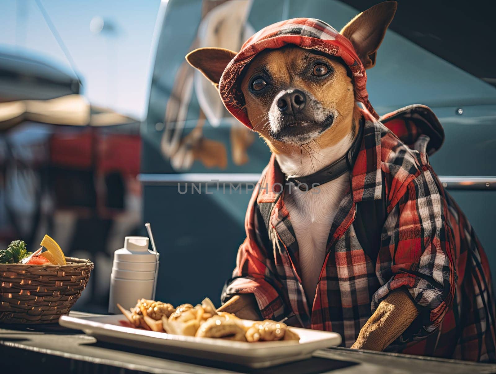 Construction worker handyman dog in a flannel shirt enjoying lunch from food truck. Generative AI by Ostanina