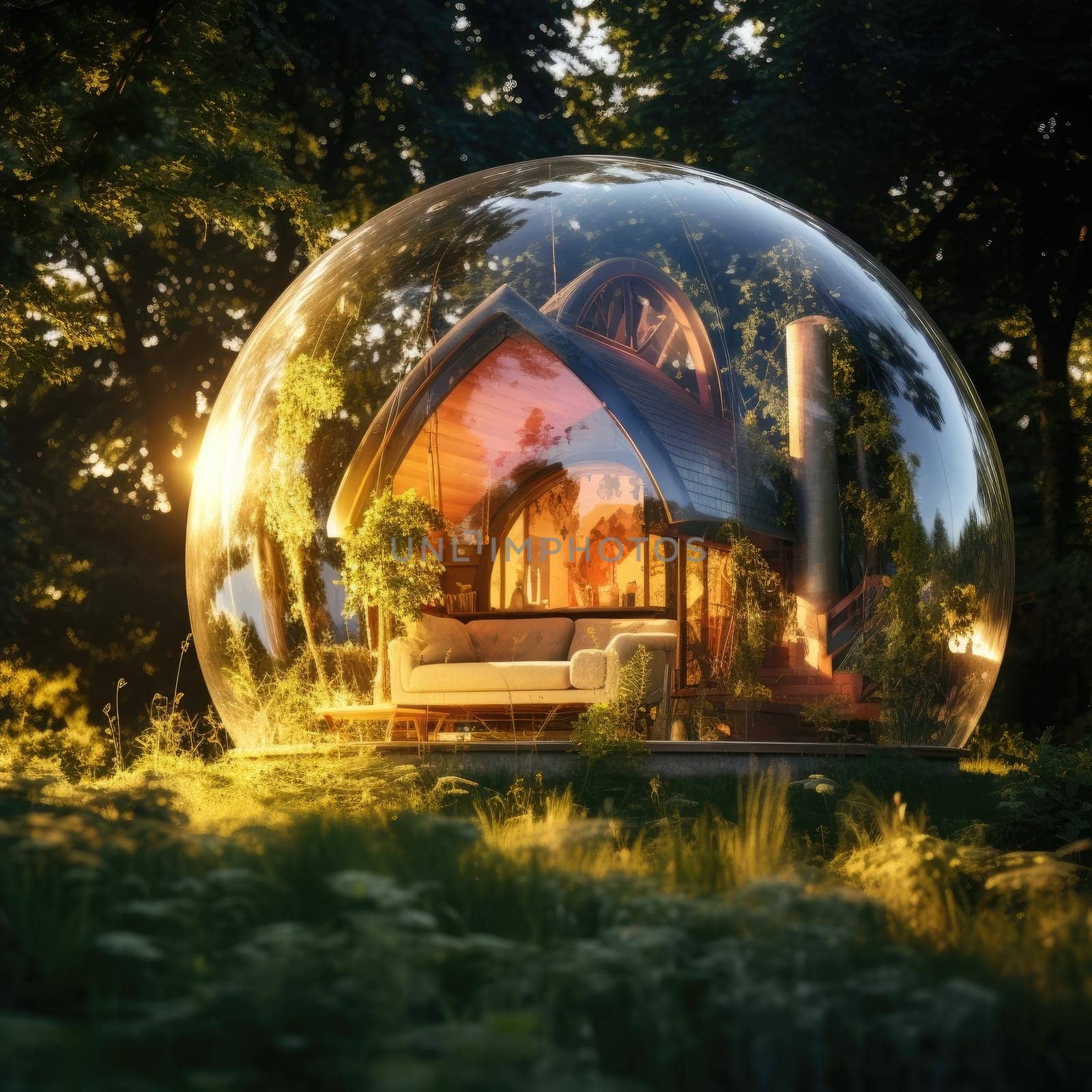 Country house in a soap bubble. The concept of the real estate crisis