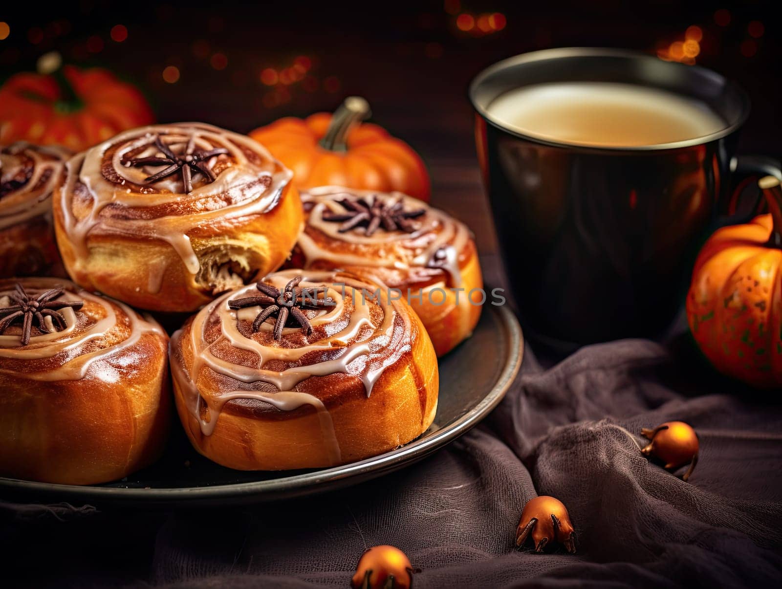 Freshly baked halloween cinnamon rolls with chocolate spider and spider web ornament with cup of coffee and orange halloween pumpkins in the background. Generative AI.