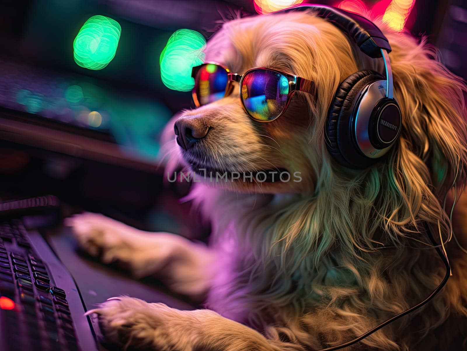 DJ dog in headphones and sunglasses mixing sounds at the party. Generative AI.