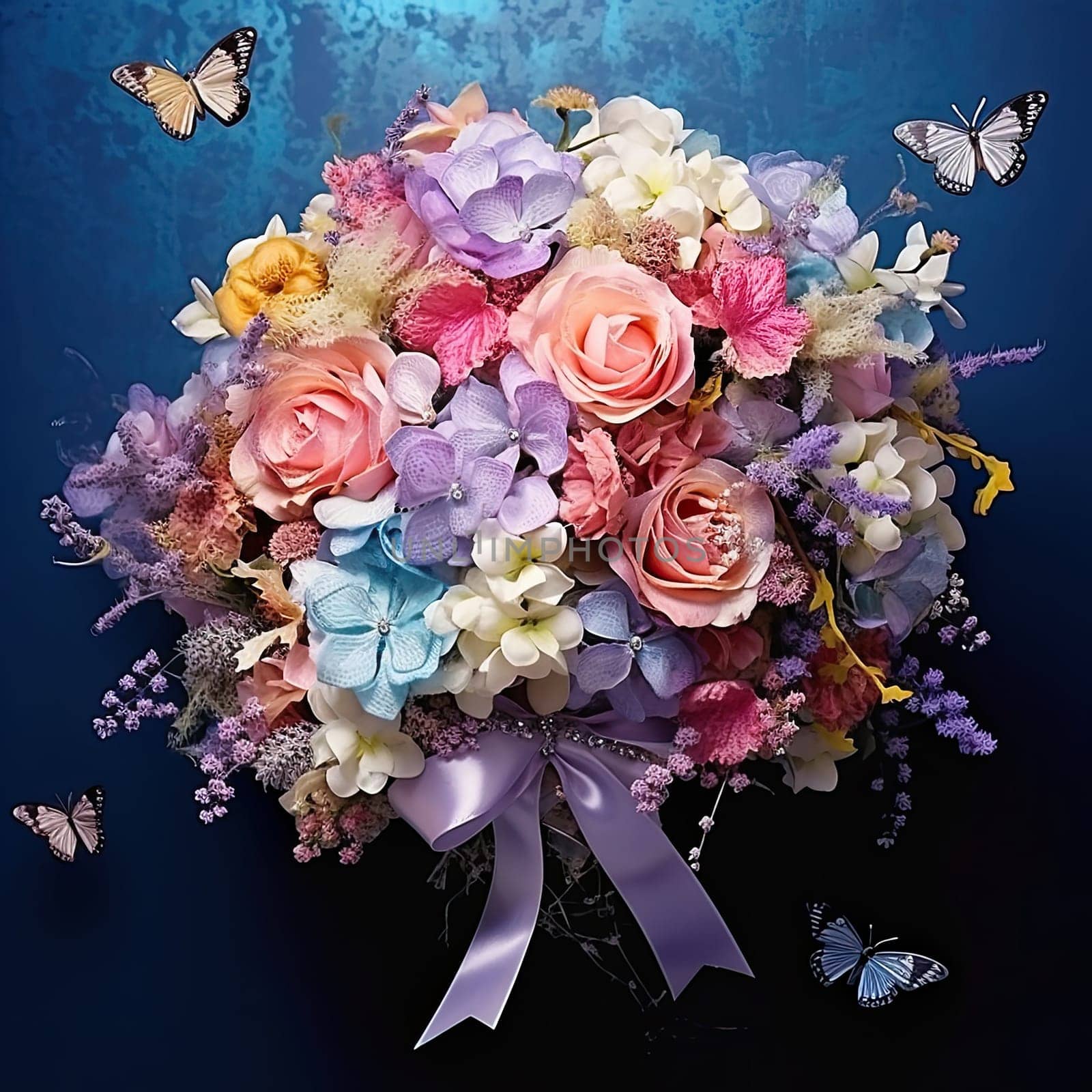 Closeup photo of whimsical loose modern bridal bouquet with real flowers and silk butterflies with a rustic silk ribbon. Generative AI.