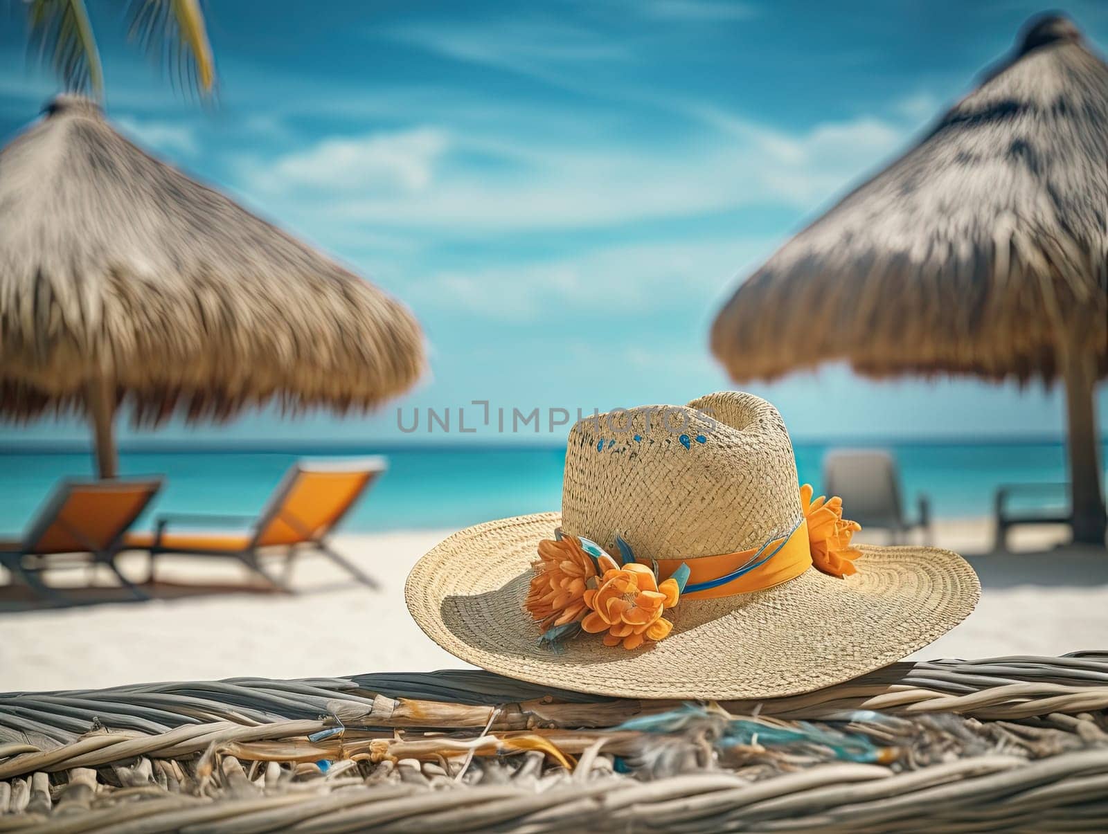 Straw sombrero hat lying on sunlit wooden deck with sea in the background. Generative AI.