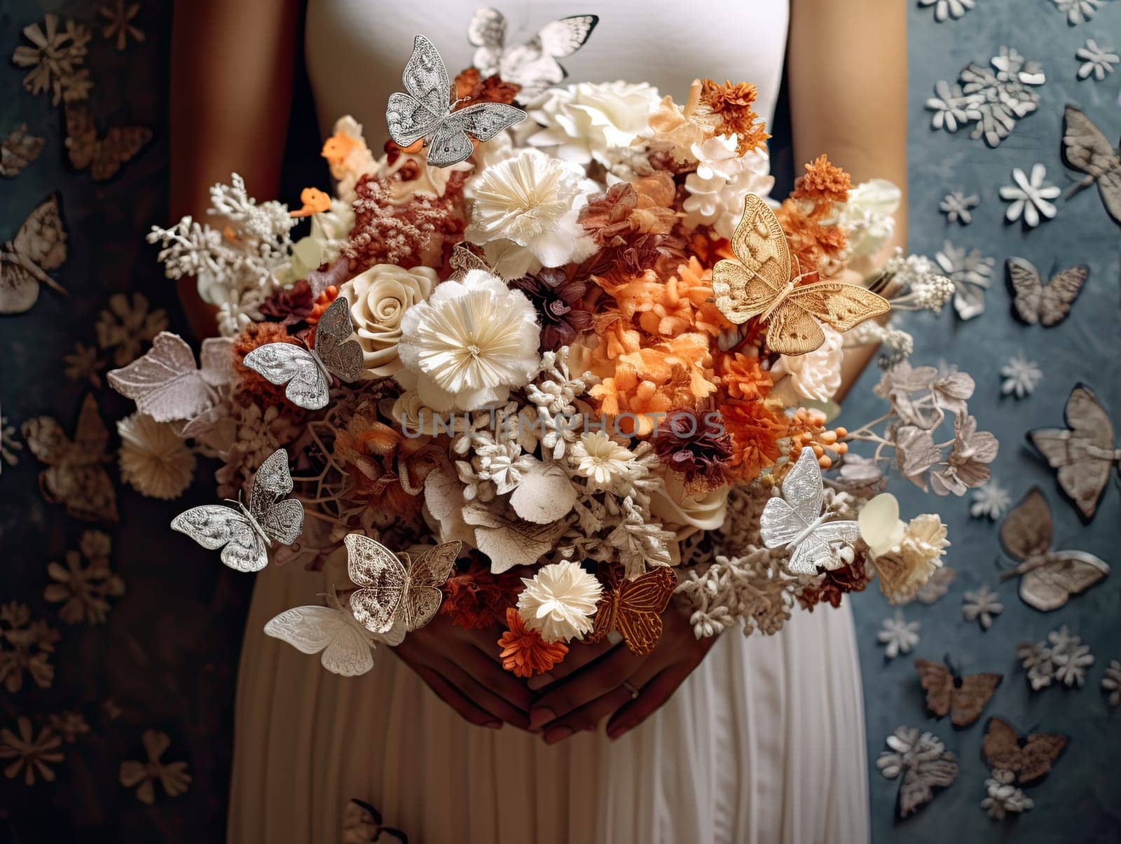 Close up photo of woman hands holding an elegant bridal bouquet with real flowers and decorated with silk butterflies. Generative AI.