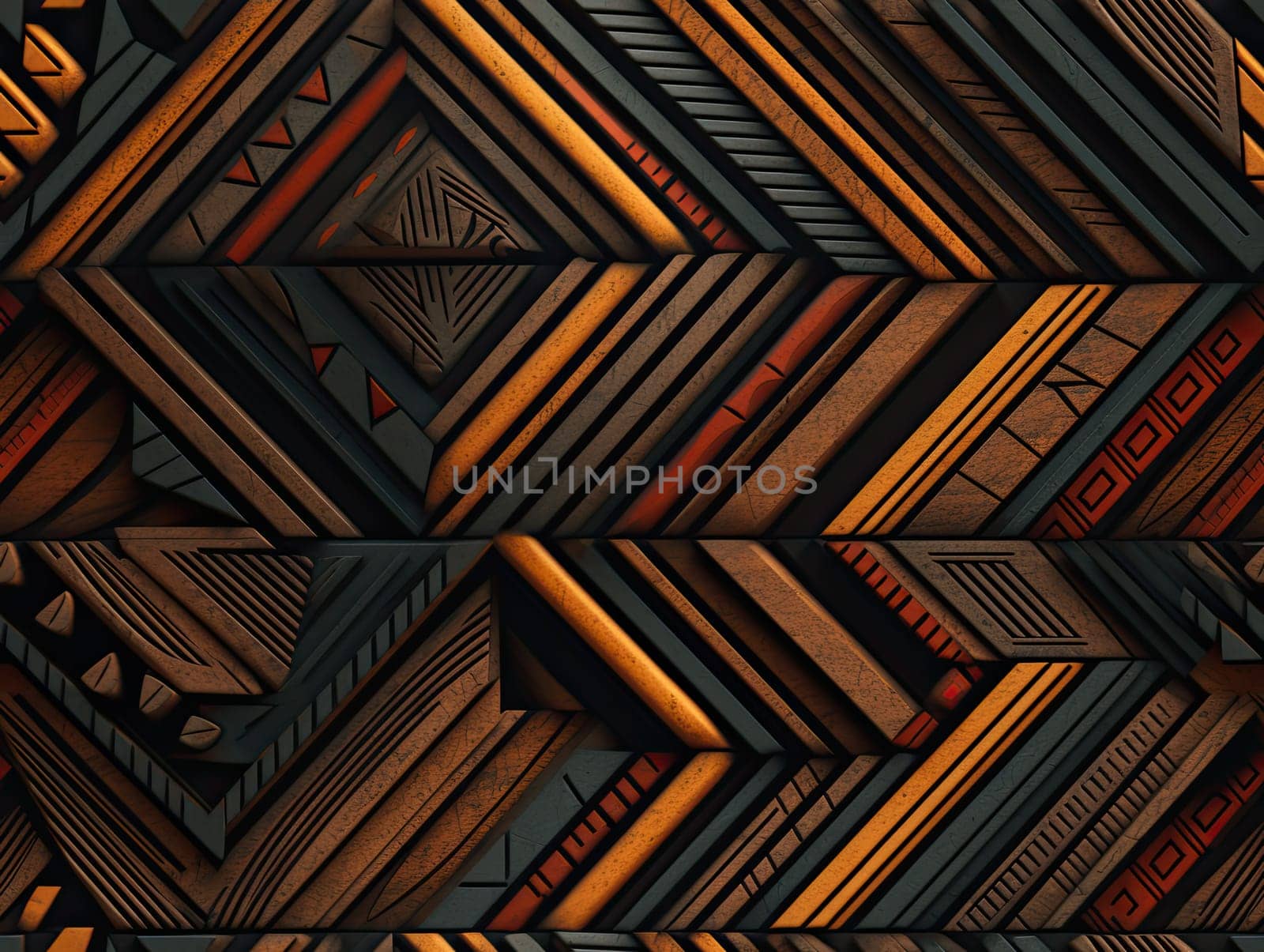 African ethnic art, geometric seamless indigenous pattern, native ornament design infinite tile. Perfectly fits for fabric prints, surface textures, cloth design, wrapping. Generative AI.