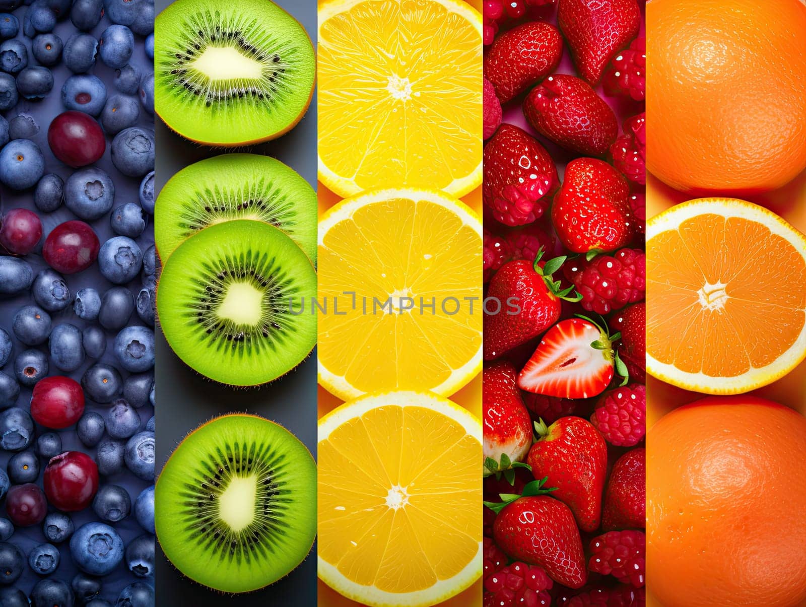 A fresh vibrant multicolored collage of various whole raw and sliced berries and fruits. Generative AI by Ostanina