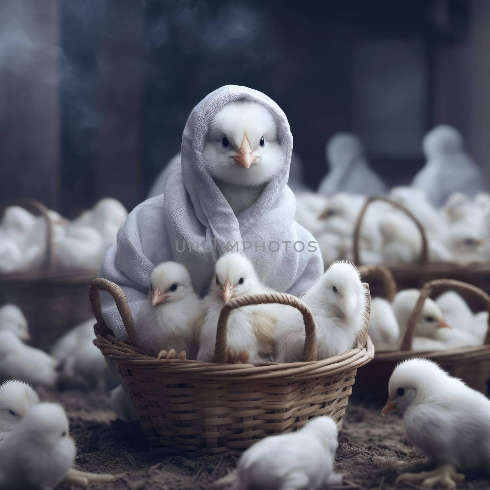 Chicken chicks in a basket by cherezoff